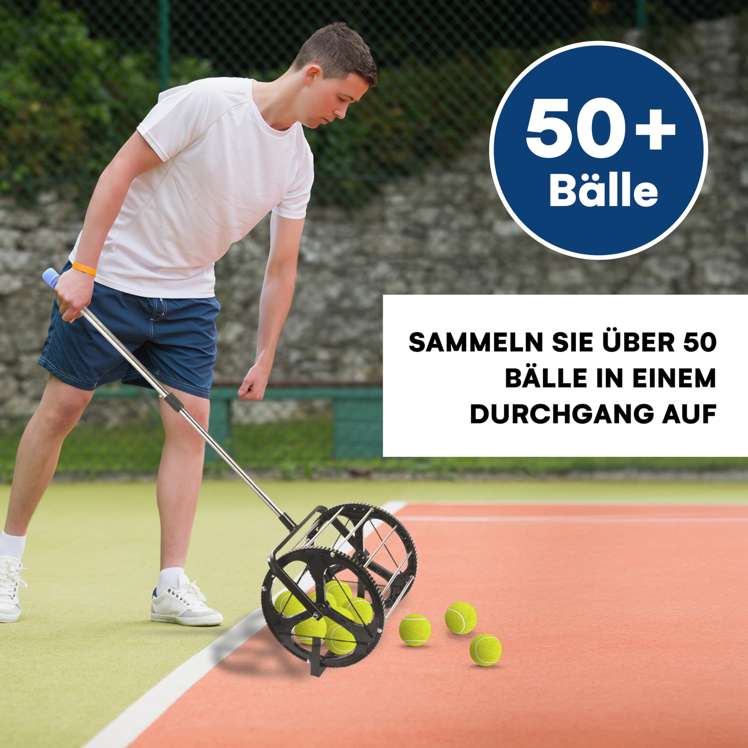 Effekt Manufaktur Rouleau de balle de tennis - Capacité de 50 balles - Barre télescopique réglable en métal - Convient pour toutes les surfaces - Noir avec poignée bleue - 34,2 x 109,5 cm