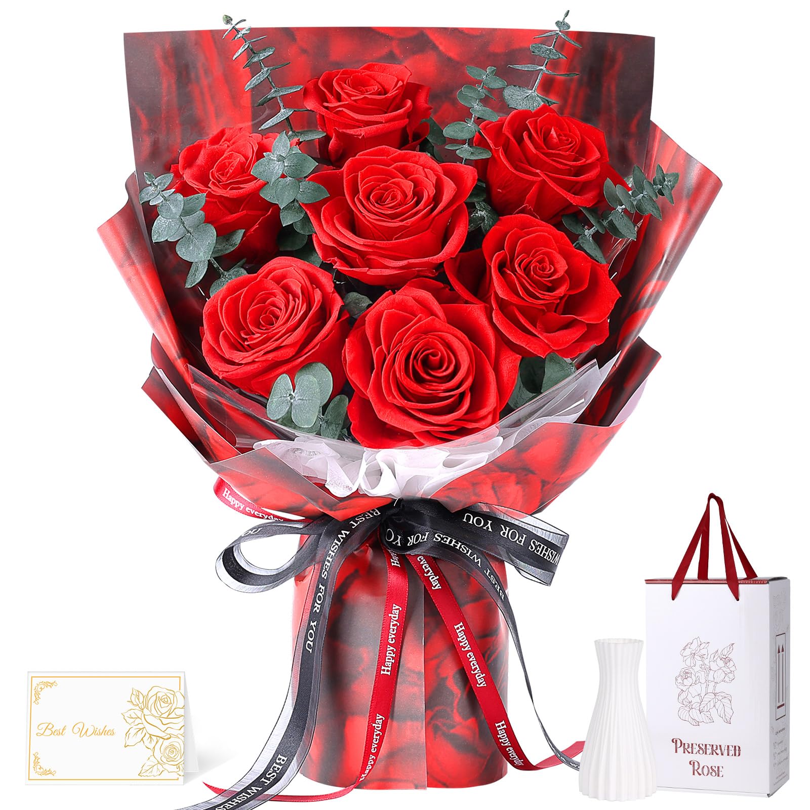 7 Rosenstrauß mit Vase, Ewiger Blumenstrauß, Ewige Rote Rosen, Geschenke für Frauen, Muttertag, Valentinstag, Jahrestag und Geburtstagsgeschenk, Freundin, Ehefrau, Mama