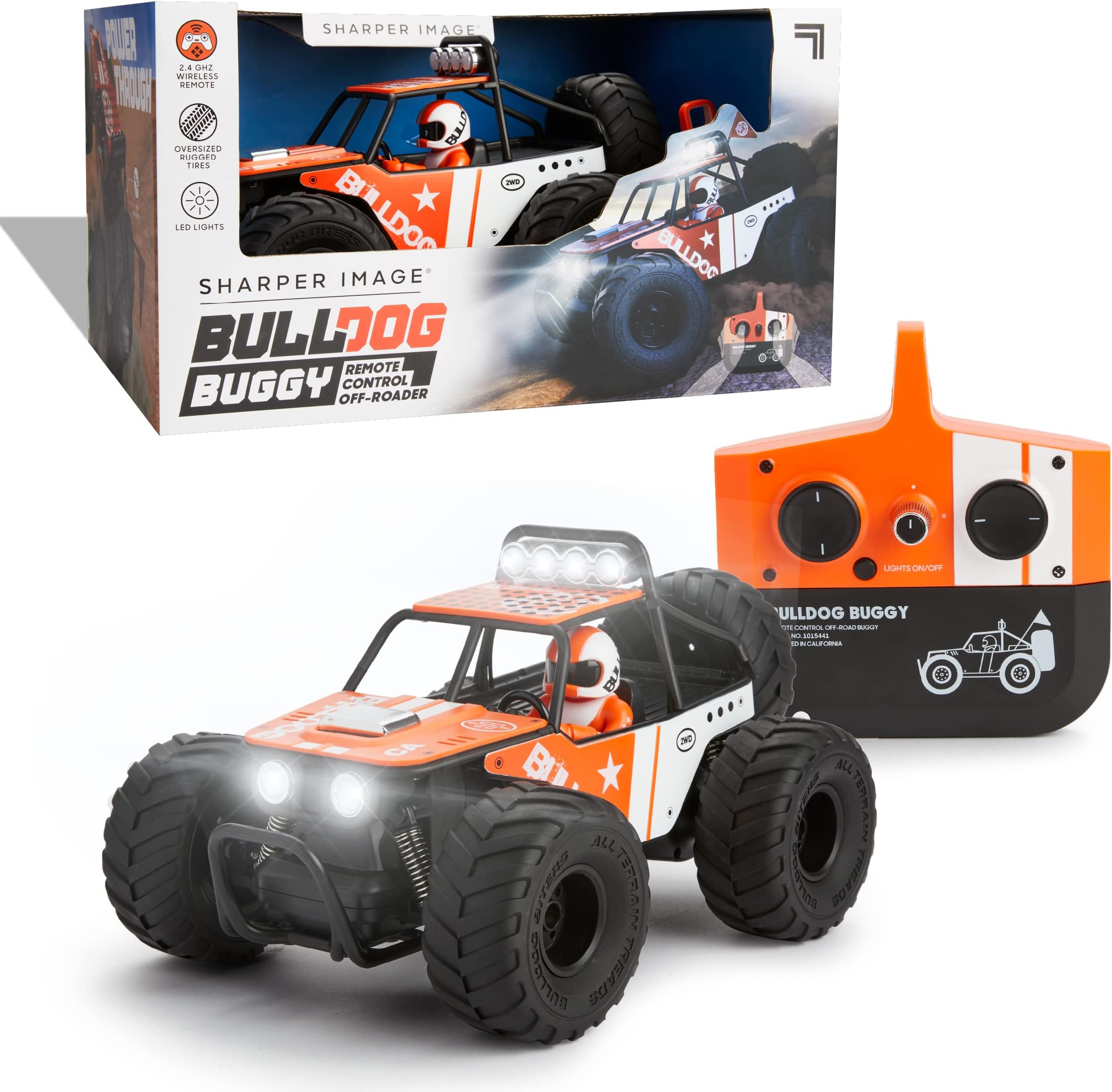 Sharper ImageBulldog Buggy RC Off-Road Race Car, Long-Lasting Rechargeable Battery, Rugged & Durable Body Panels, LED Light Bar, 2.4 GHz Wireless Remote Control, Indoor & Outdoor Monster Truck Tires