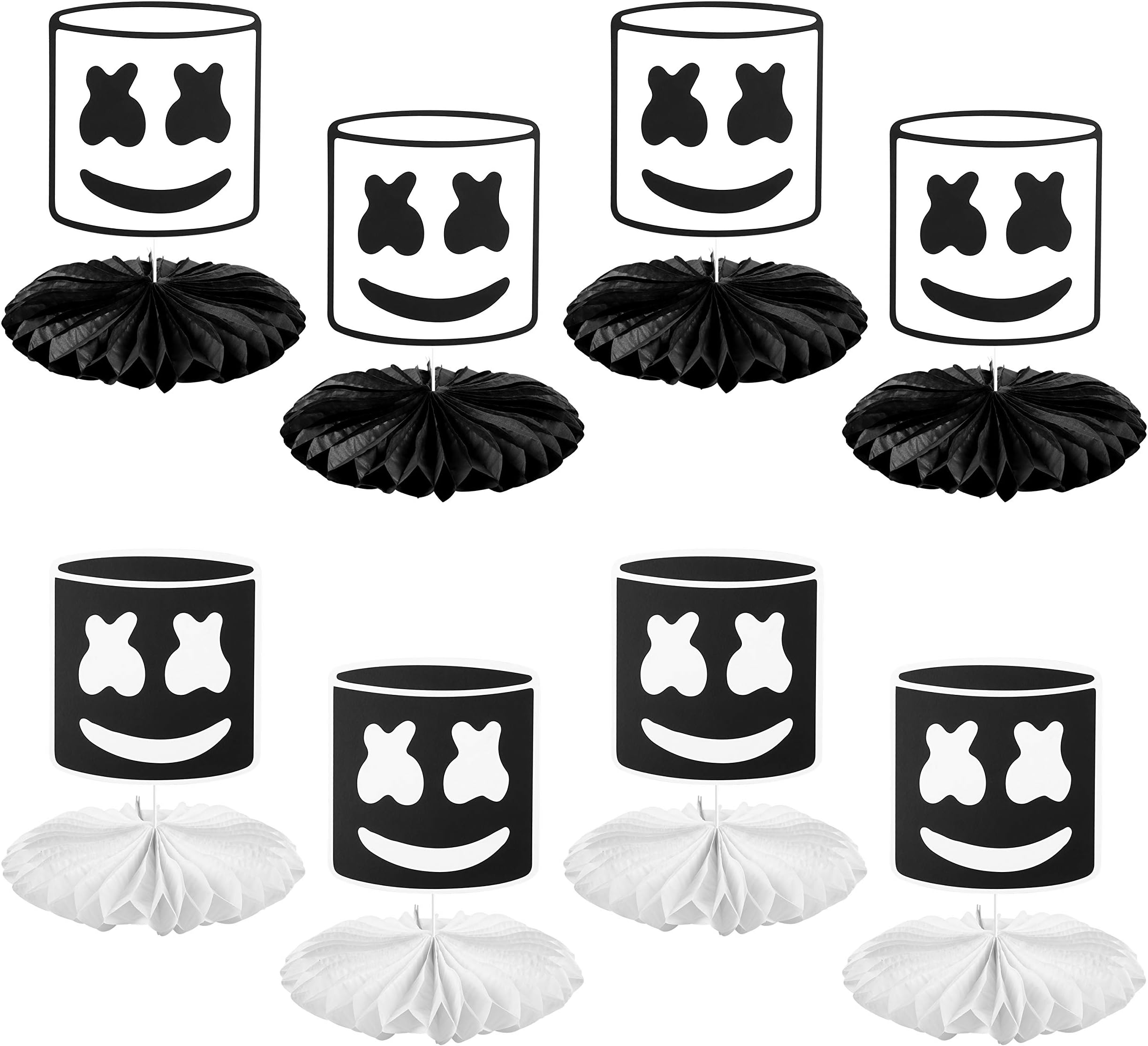 GROBRO7 8Pack Marshmellow Honeycomb Centerpiece Kit DJ Music Hanging Paper Fans Marshmellow Themed Birthday Party Favor Decorations Black White Baby Shower Table Topper Party Supplies for Kids Adult