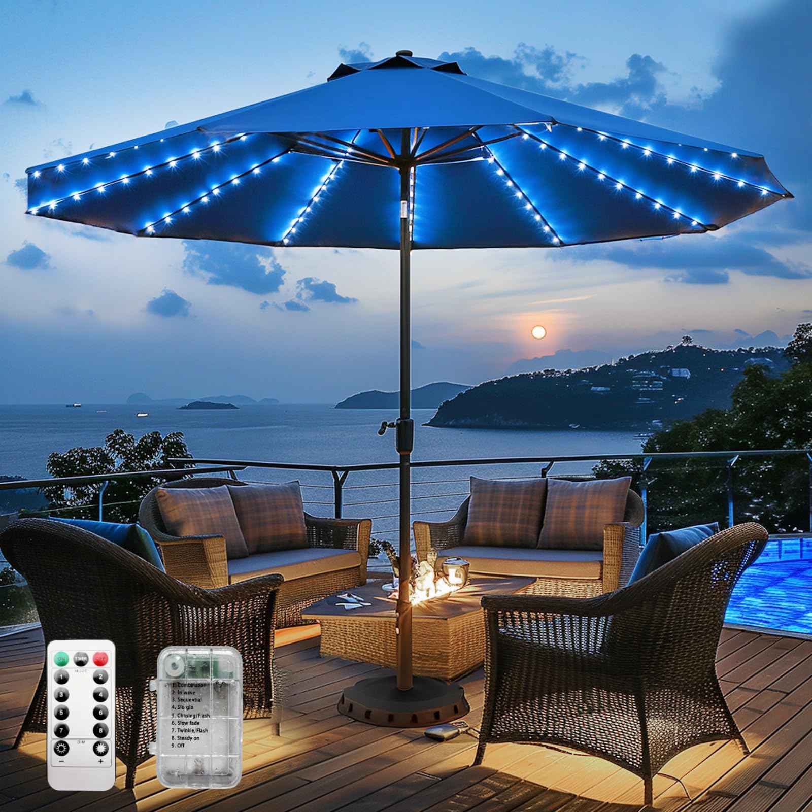 Patio Umbrella Lights Cordless 120 LED Table Umbrella Lights with Remote Control Battery Operated Waterproof Parasol String Lights for 7-11 Feet Outdoor Backyard Beach Umbrella Décor (Cold White)