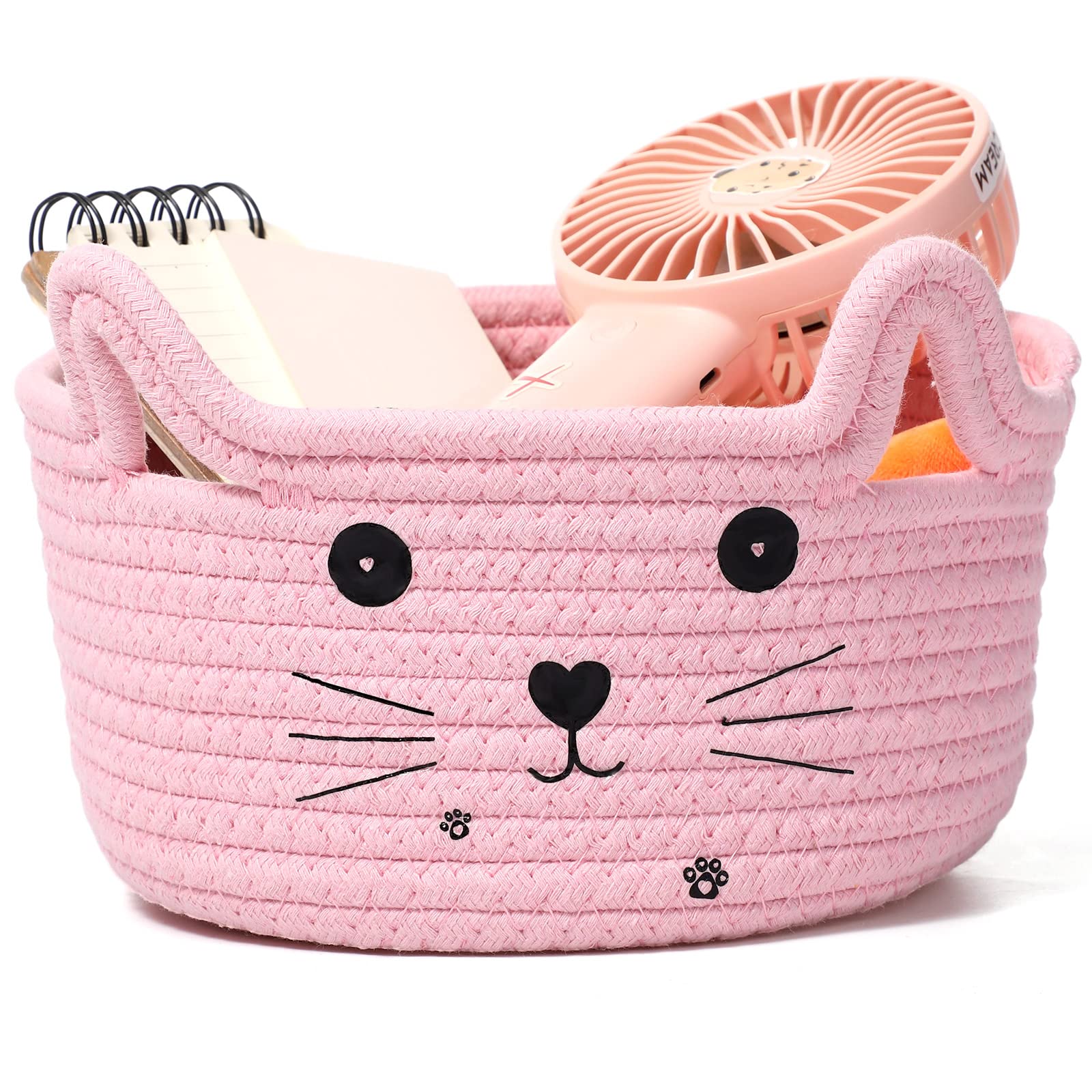 Zopeal Cat Basket Storage Woven Organizer with Ears Christmas Decorative Pet Toy Cute Cotton Rope Basket for Gift Cat Dog Toy Bin Nursery Room(8.3 x