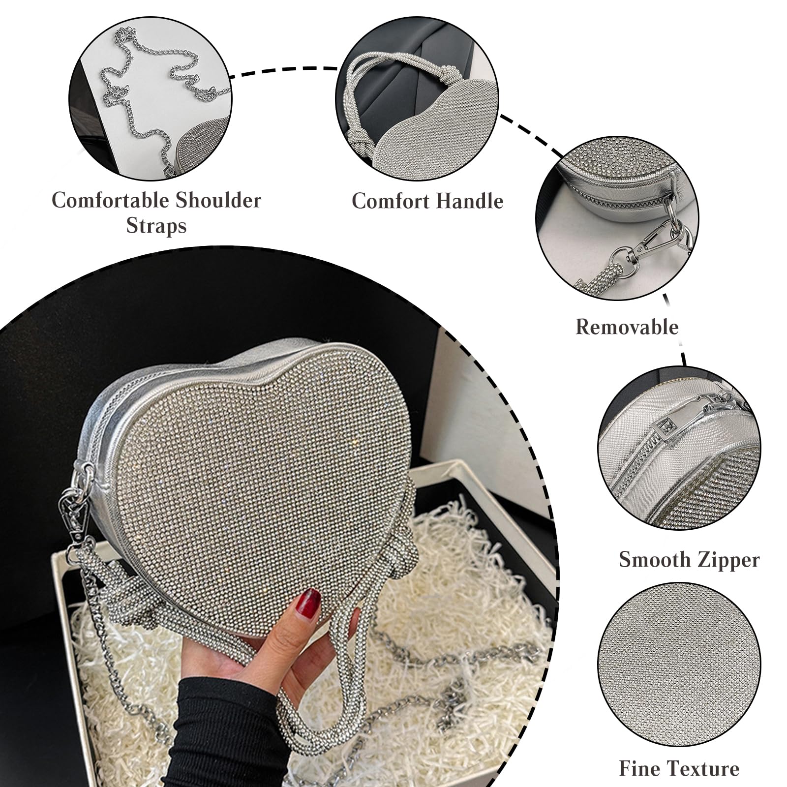 CORIOS Damen Herzform Abendtasche Strass Clutch Tasche Abnehmbarer Kette Handtasche Glitzer Schultertasche Elegant Umhängetasche Klein Tasche für Abendparty Hochzeit Silber