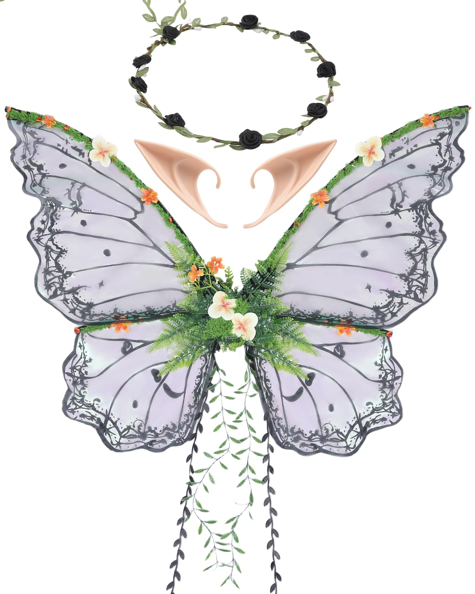 ETOFETE Black Fairy Wings Adult - Butterfly Costume with Elf Ears Headband