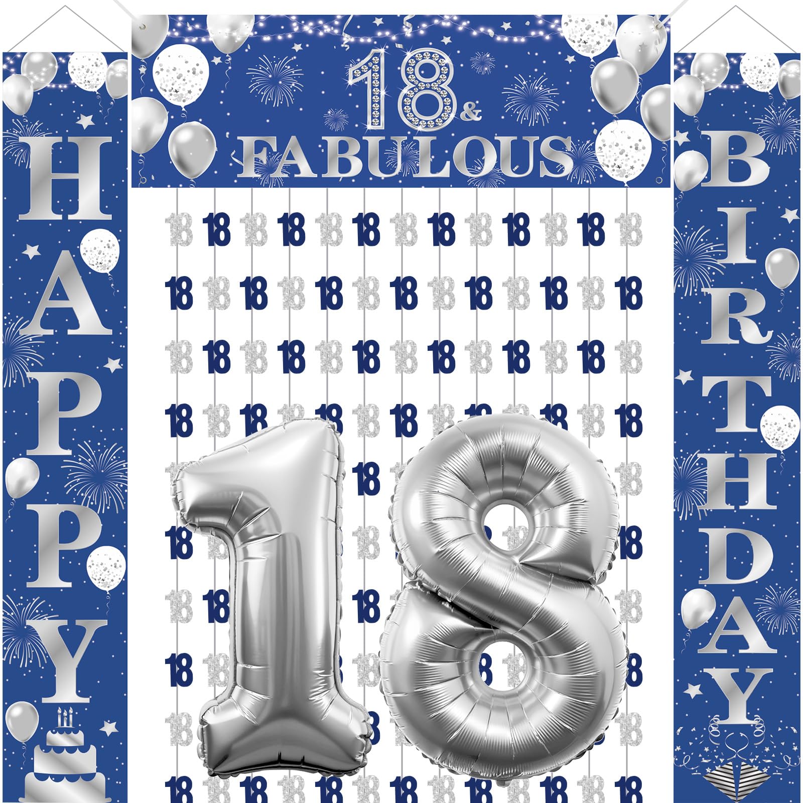 18th Birthday Decorations Time to Adult 18 & Fabulous Navy Blue Silver 18th Birthday Party Supplies 18th Birthday Door Banner and Garland Number 18