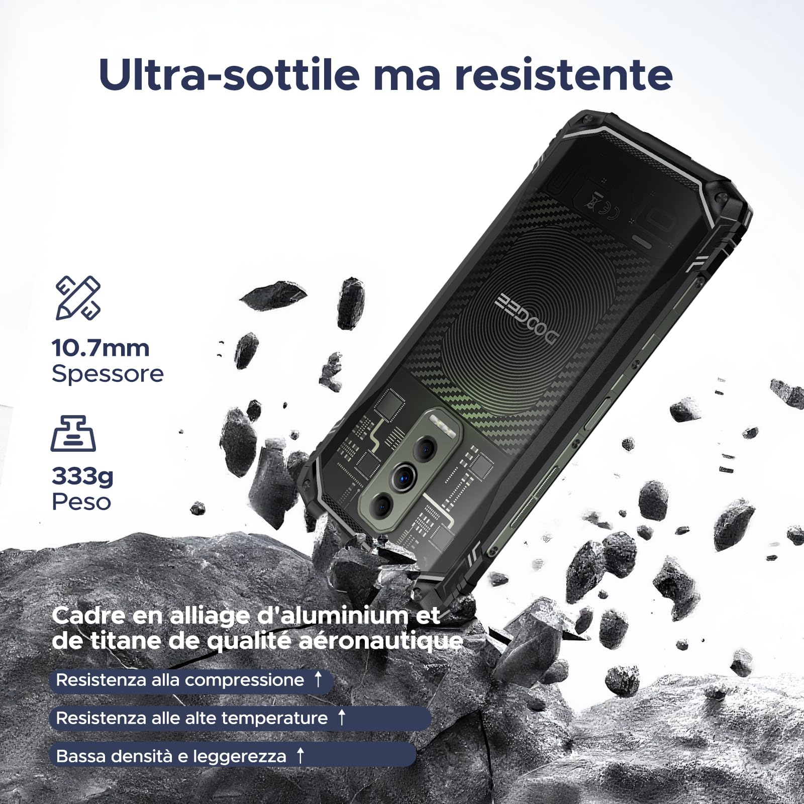 DOOGEE Blade 10 Ultra Energy Rugged Smartphone, 10.7mm, Android 15, 36GB+256GB, 6.56" FHD+ 90Hz IPS, 6150 mAh OTG, 64MP+8MP, Widevine L1/Triple Card Slot/Fingerprint ID/Octa Core/NFC- Nero