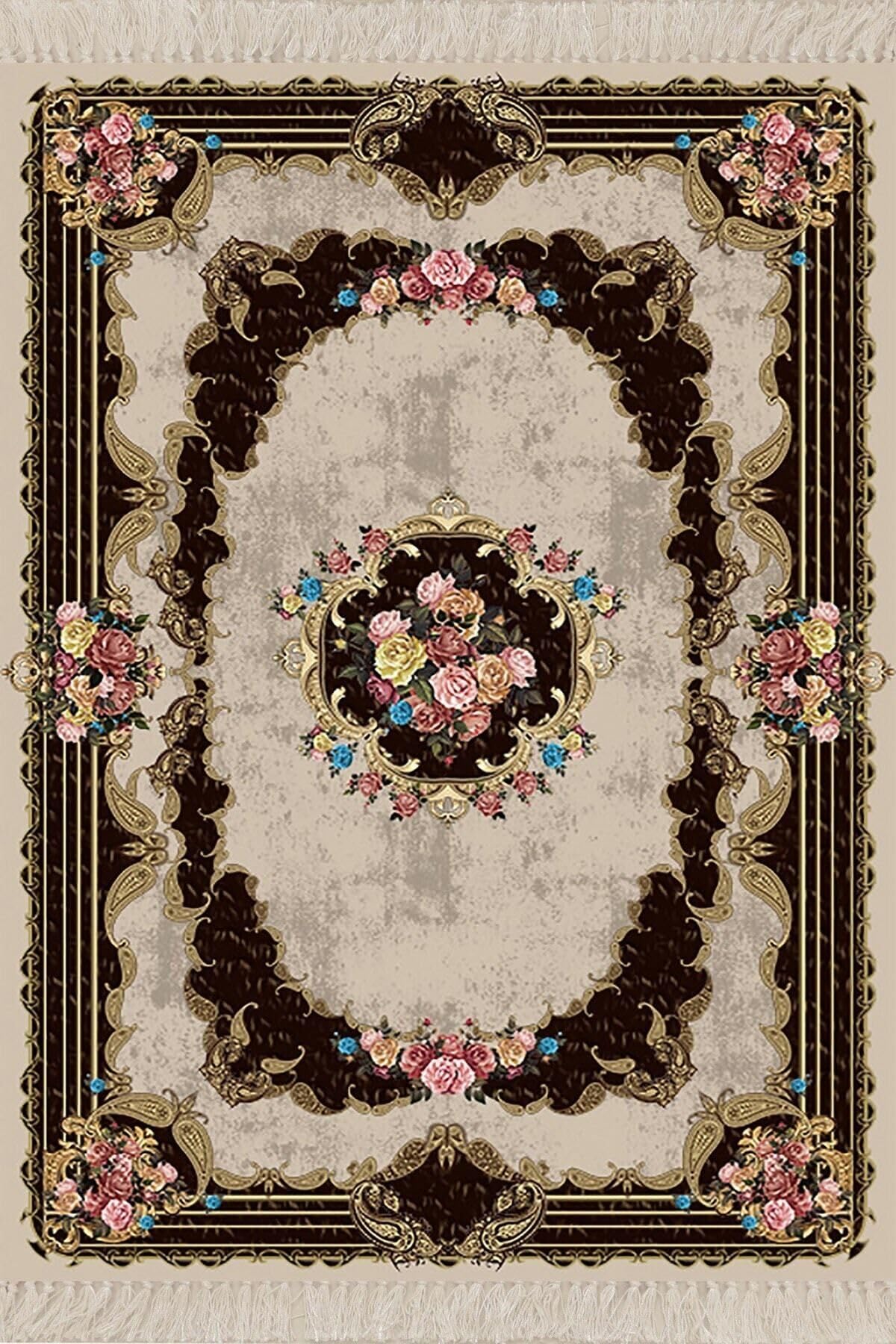 Pelangi Gül Varak Desenli Dijital Baskı Yıkanabilir Kaymaz Taban Vintage Salon Halısı Ve Yolluk, Kahverengi 120 x 180