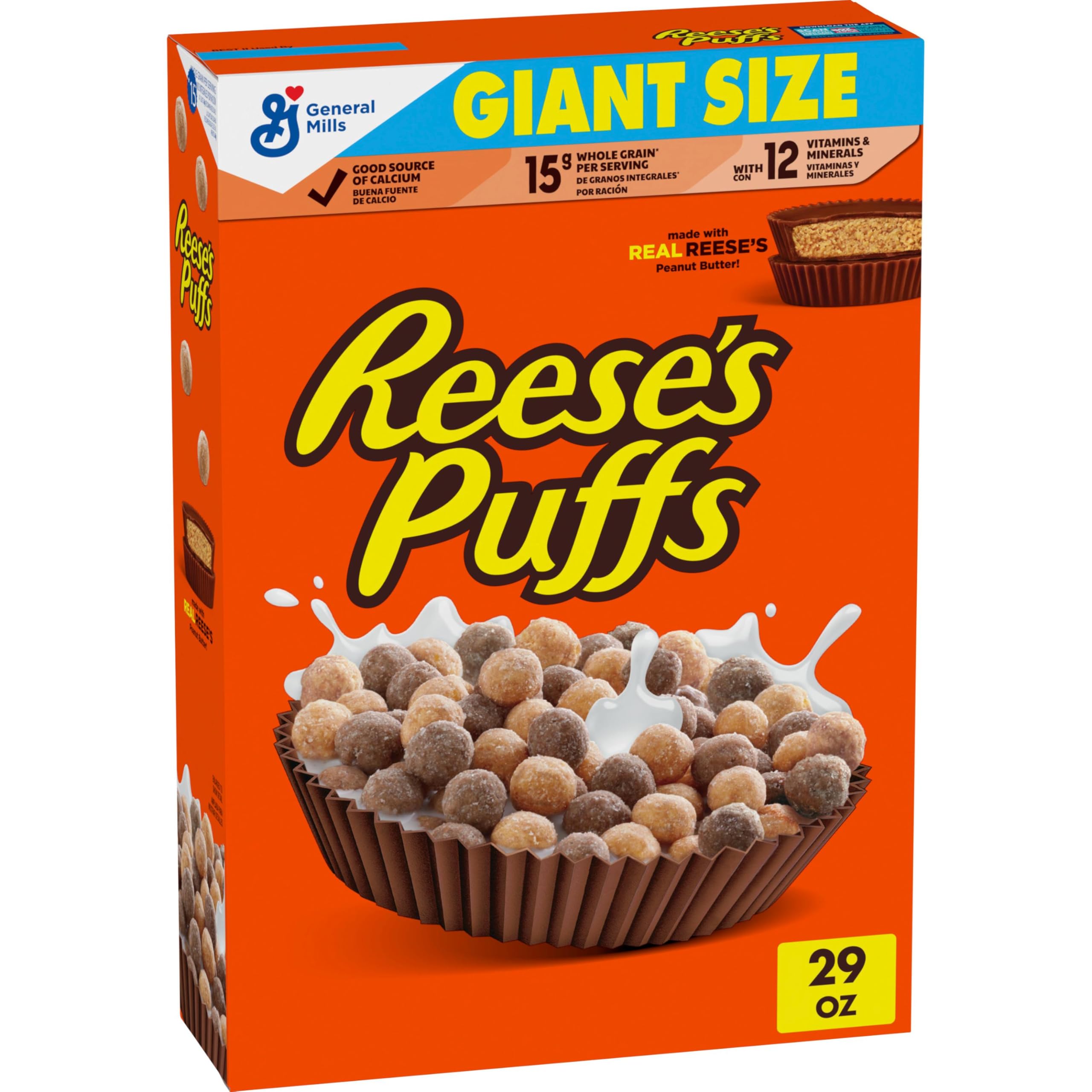 REESE’S PUFFS Chocolatey Peanut Butter Cereal, Kid Breakfast Cereal, Giant Size, 29 oz