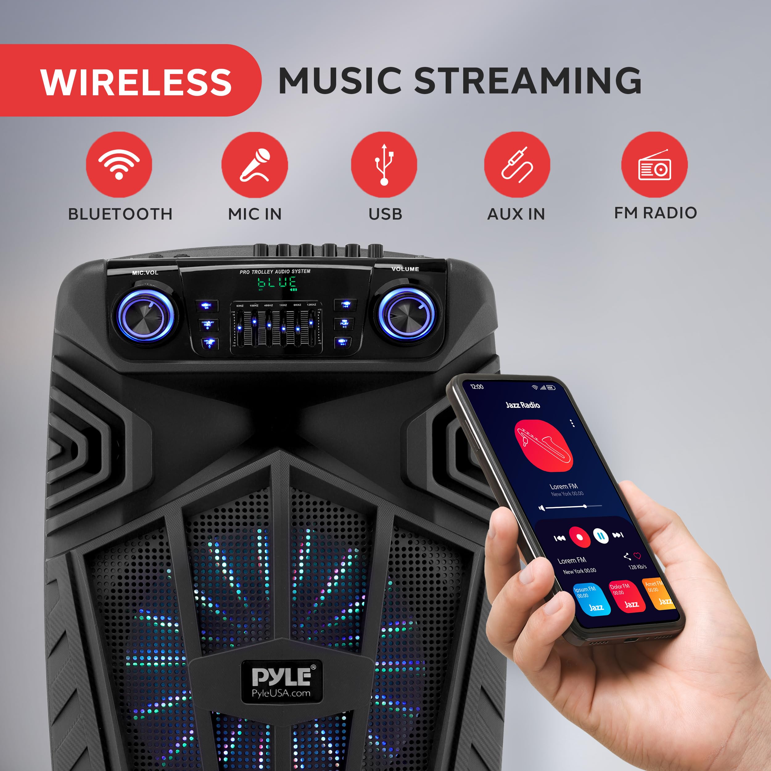 Pyle Głośnik Bluetooth, głośnik Bluetooth, głośnik i przenośna obudowa PA 1680 W, subwoofer 38 cm, ładowalny, karaoke i imprezy plenerowe z bezprzewodowym mikrofonem, kołami, lampkami LED, FM/AUX/MP3