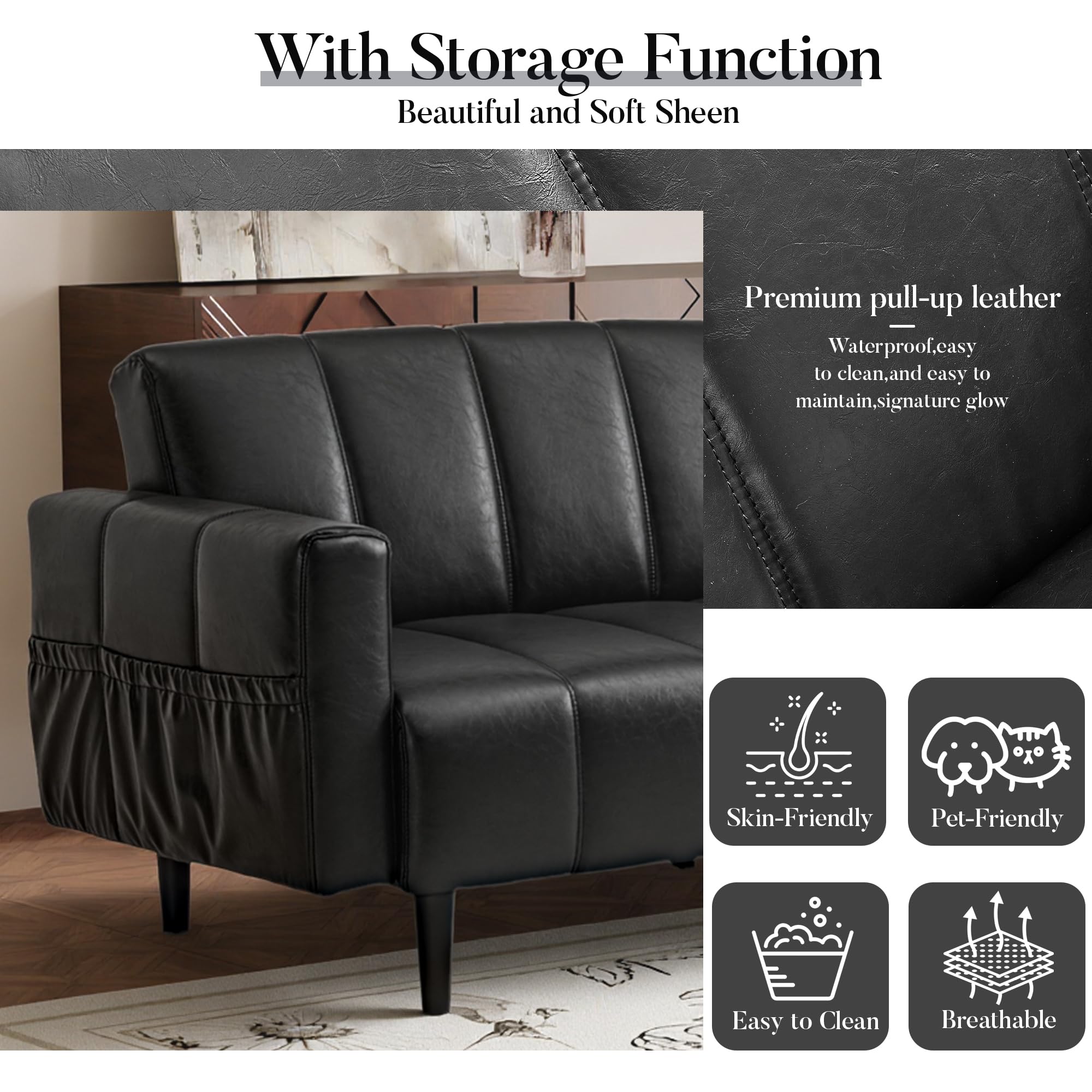 83" Faux Leather Futon Couch,Mid Century Modern Leather Sofa(Black) | Adjustable Backrest,Convertible,Storage Pocket,Wooden&Steel Frame for Office,Living Room,Space-Saving
