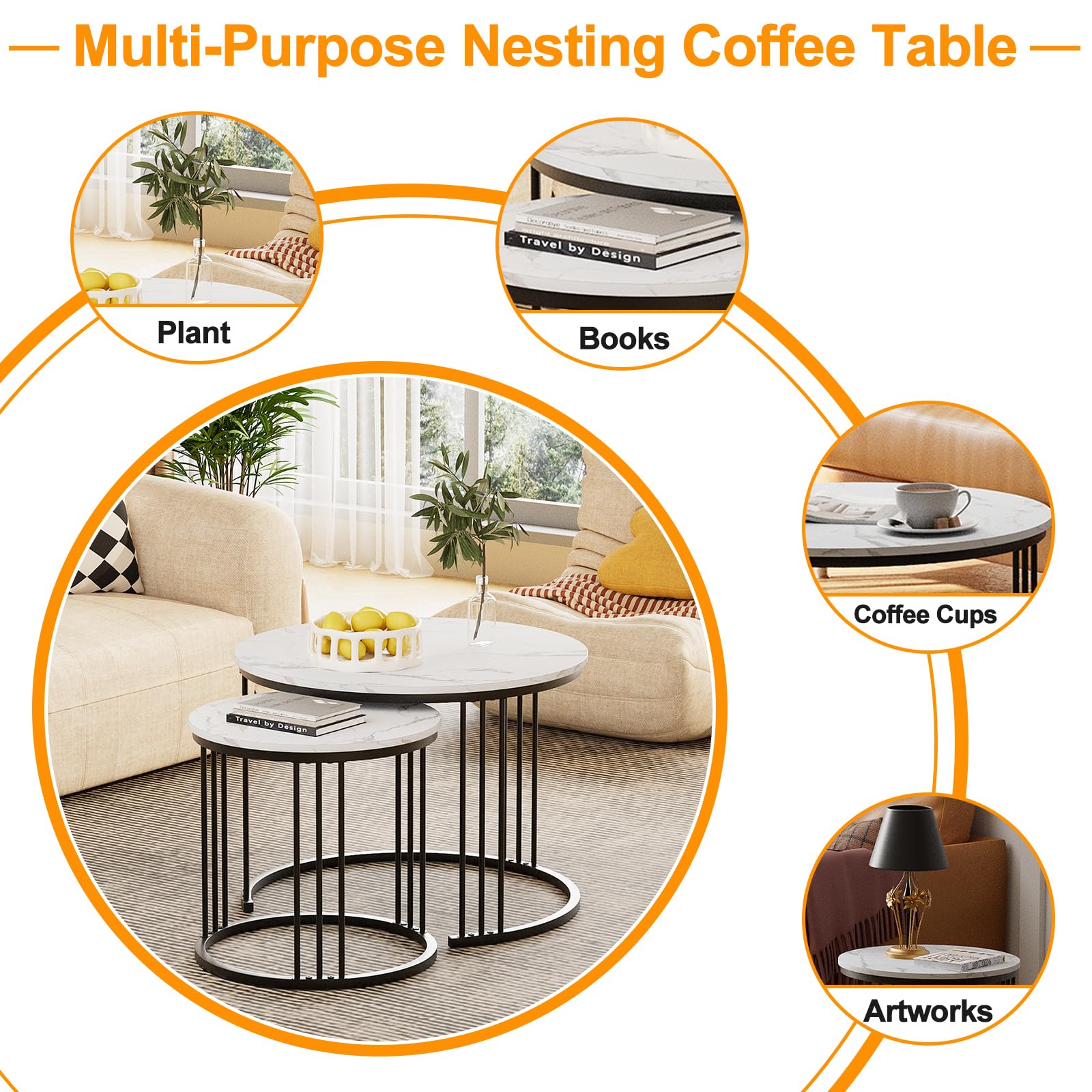 Couchtisch Rund, Satztisch 2er Set, Wohnzimmertisch, Couchtisch aus Holz, Beistelltisch Set, Sofatisch für Wohnzimmer, Schlafzimmer, Büro, Balkon, Schwarz Metallgestell und Weiß Marmor Tischplatte