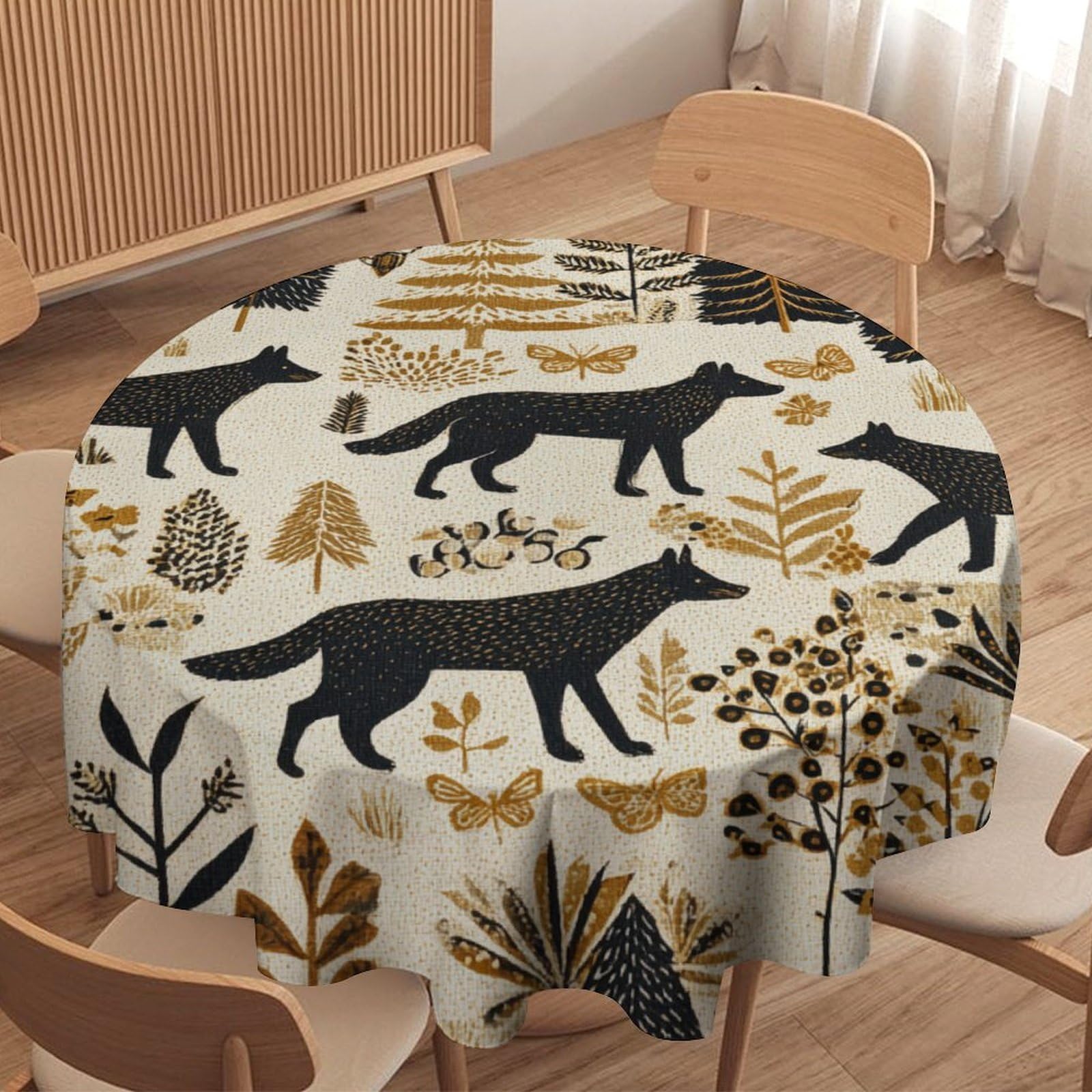 LUYYSKY Classic Vintage Wolves Silhouettes Waterproof Round Tablecloth Retro Modern Botanical Plants Animals Wolf Pattern Washable Table Cover for Kitchen-127 Wx127 L cm