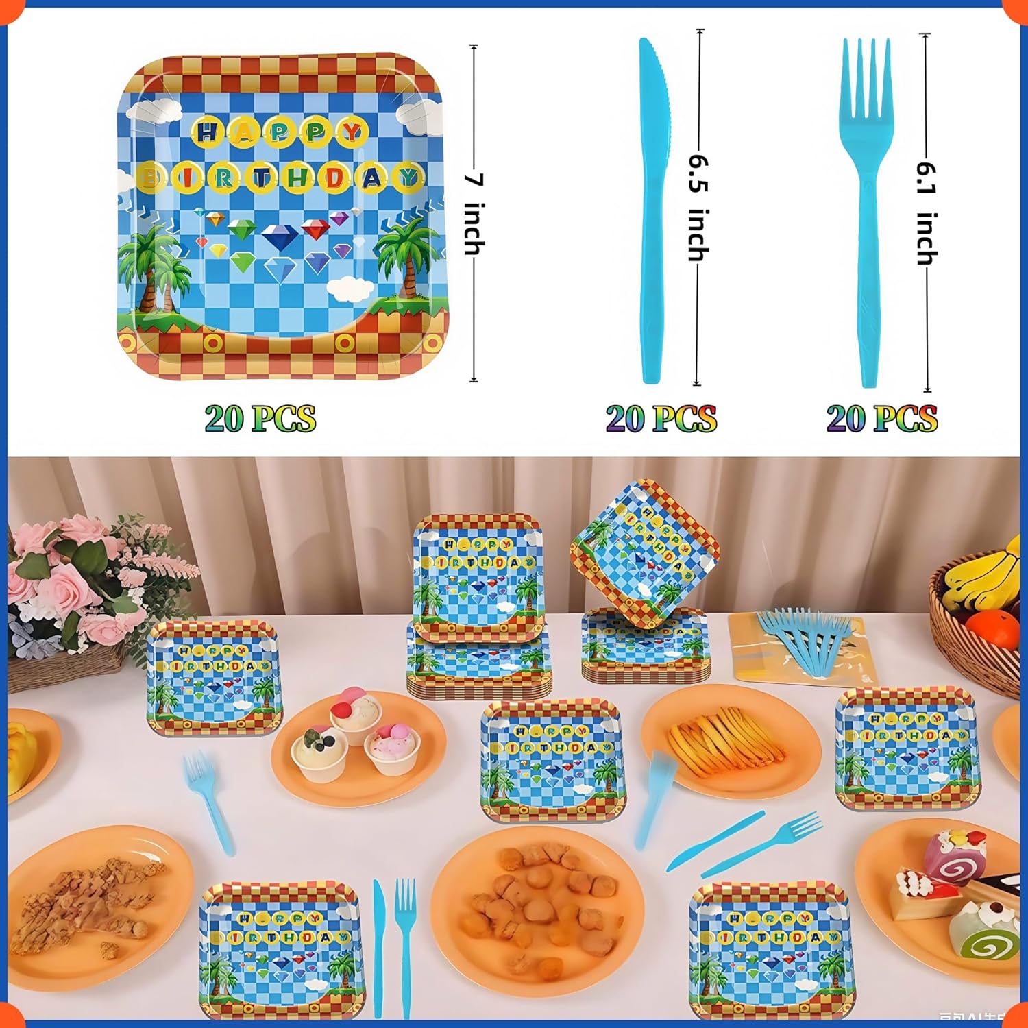 60 Pcs Hedgehog Birthday Party Supplies,Video Game Themed Decorations, Plates, Forks, Games, and Favors for Kids' Celebration - Image 2
