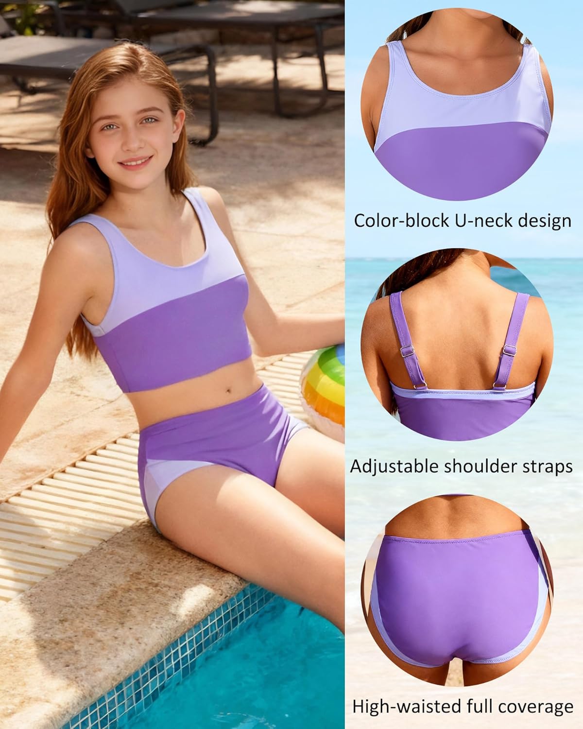 Kids4ever Girls Swimsuit 2 Piece Color Block Teen Bathing Suit Girl's Bikini Set Size 9-16Y - Image 5