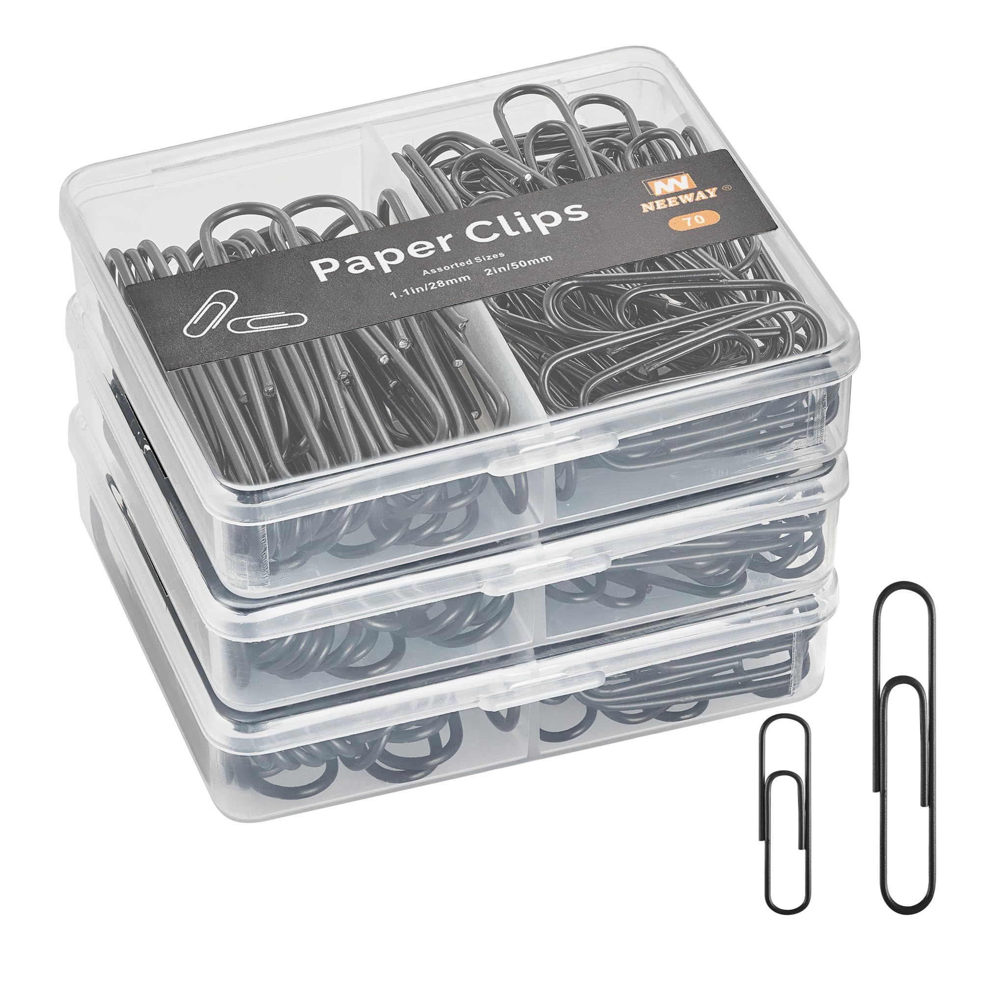 NEEWAY Colorful Paper Clips Assorted Sizes, Small and Large Paper Clips, 210 Count, 3 Pack of 70 (Black)
