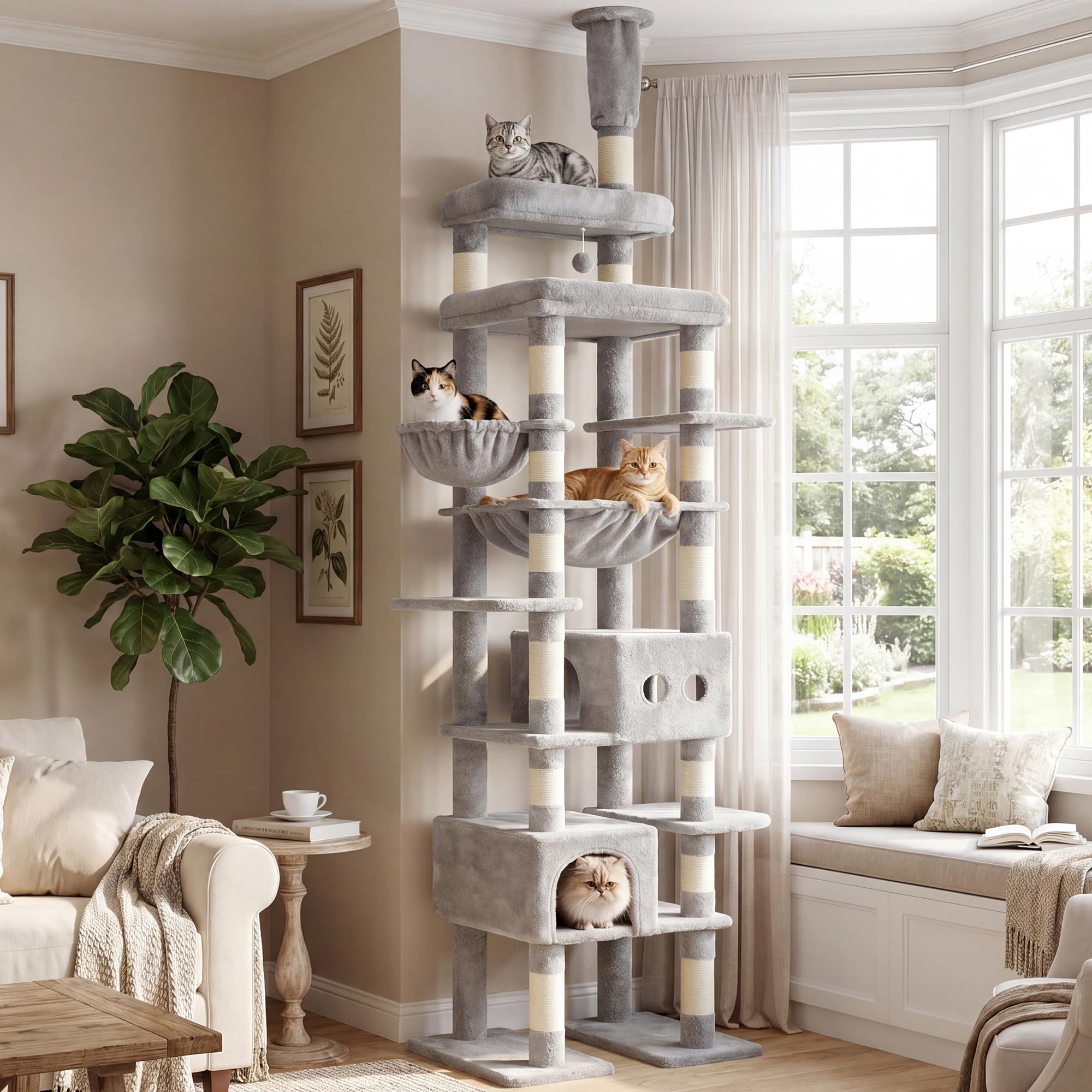 Heybly Arbre à Chat Sol Plafond 266-296 cm, Tour Large Multi-Espaces HCT92W | 2 Niches Douillettes, Coussins Amovibles, Panier Rond, Hamac Suspendu, Sisal Naturel, Structure Stable, Niveaux, Gris Clair