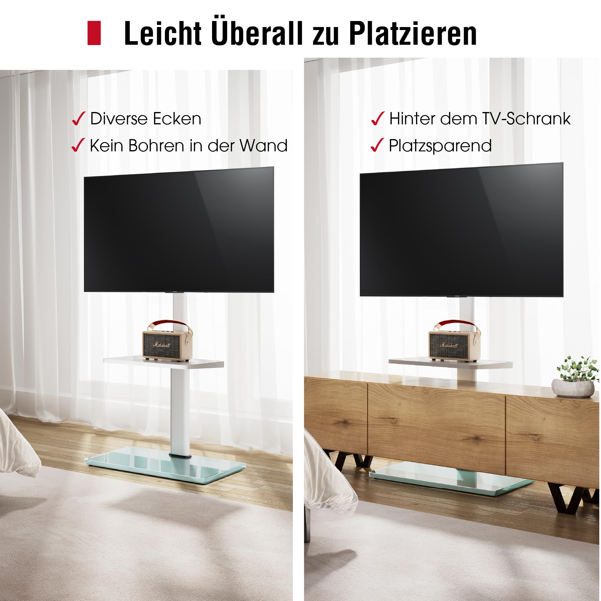 AOKCOS TV Ständer TV Bodenständer für 32-70 Zoll Fernseher bis zu 40 KG, TV Standfuß mit 2 Stufigen Ablagen, Fernsehstand Höhenverstellbar Schwenkbar Neigbar, Max. VESA 400x400mm (Weiß)