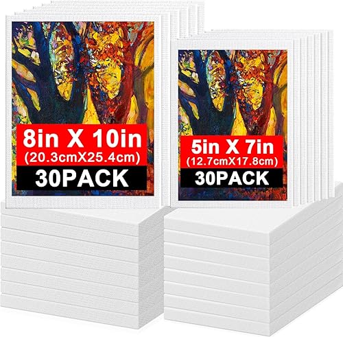 Qilery Paquete de 60 lienzos estirados para pintar de 5 x 7 pulgadas y 8 x 10 pulgadas (30 de cada uno) de algodón blanco blanco para niños, paneles