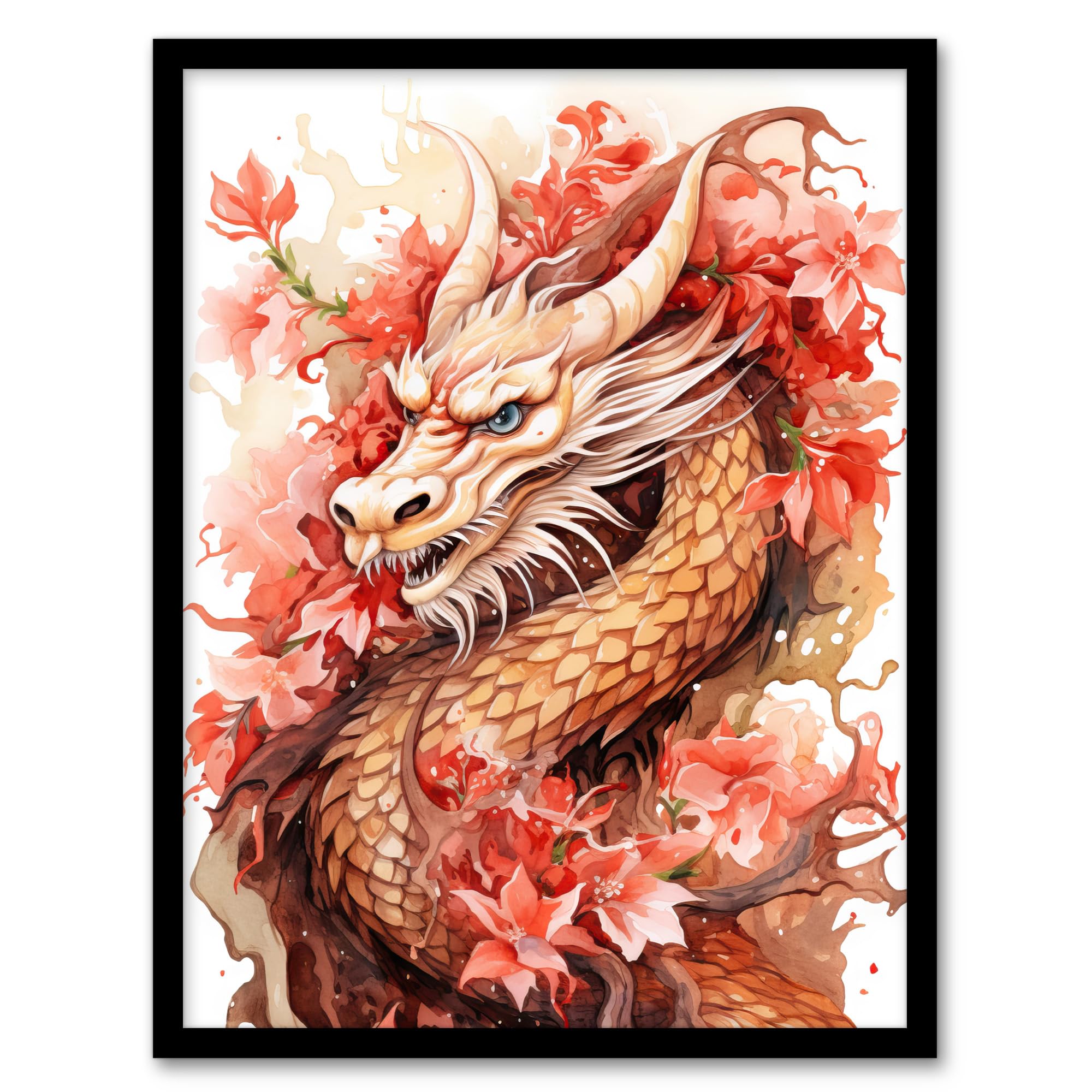 Artery8 Fantasy Dragon Serpent Horned Floral Pink Orange 2024 Chinese Year Of The Dragon Artwork Framed Wall Art Print 18X24 Inch