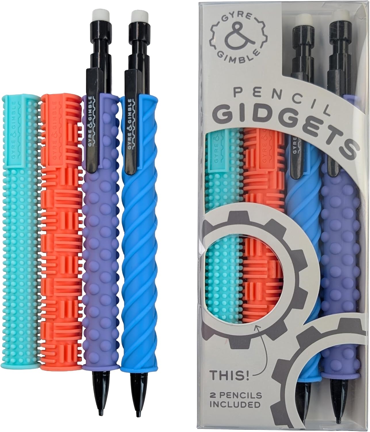 Gyre & Gimble Textured Silicone Pencil Sleeves for Kids & Adults, For Quiet & Calm Fidgeting, Fits Mechanical Pencils - 4 Grips, 2 Pencils