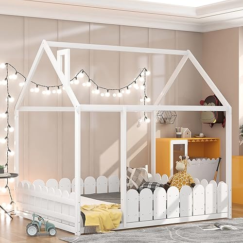 Harper & Bright Designs Cama de casa para niños, cama de tamaño matrimonial con techo y valla, marco de cama de madera para niños, adolescentes,