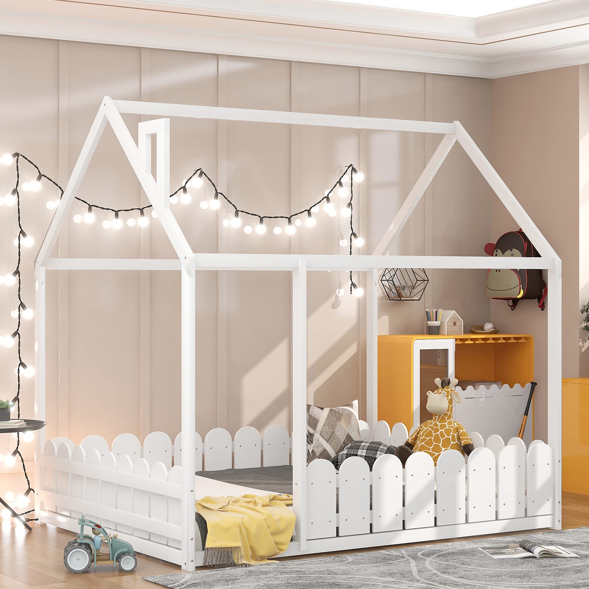 Harper & Bright Designs House Bed for Kids, Full Size Bed with Roof and Fence, Wood Bed Frame for Kids, Teens, Girls & Boys, Easy Assembly (White)
