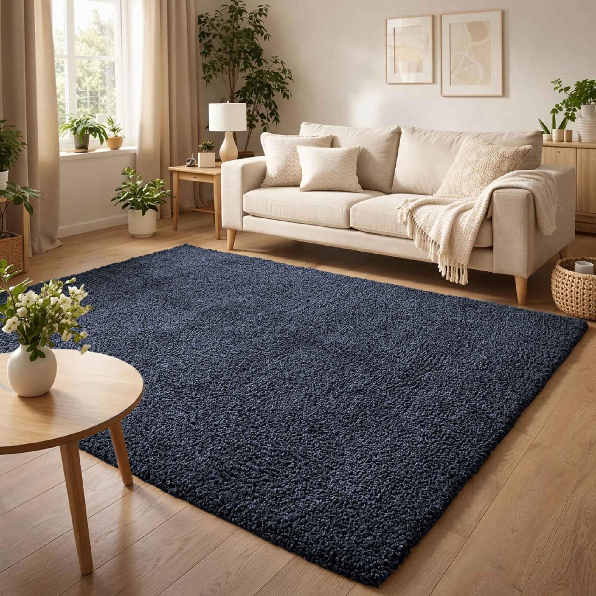 Ainsley Plain Soft Shaggy Modern Living Room Area Rug, Navy, 120x170cm