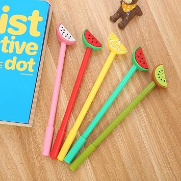 5pc-0.5mm Cute Silicone Fruit Neutral Pen Creative Cartoon Black Neutral Pen-Yellow stem - lemon