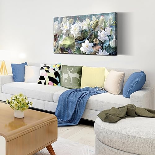 Miniatura 2 de CANEITO Arte de pared de flor de loto para sala de estar, lienzo floral blanco para decoración de pared para dormitorio, pinturas de acuarela