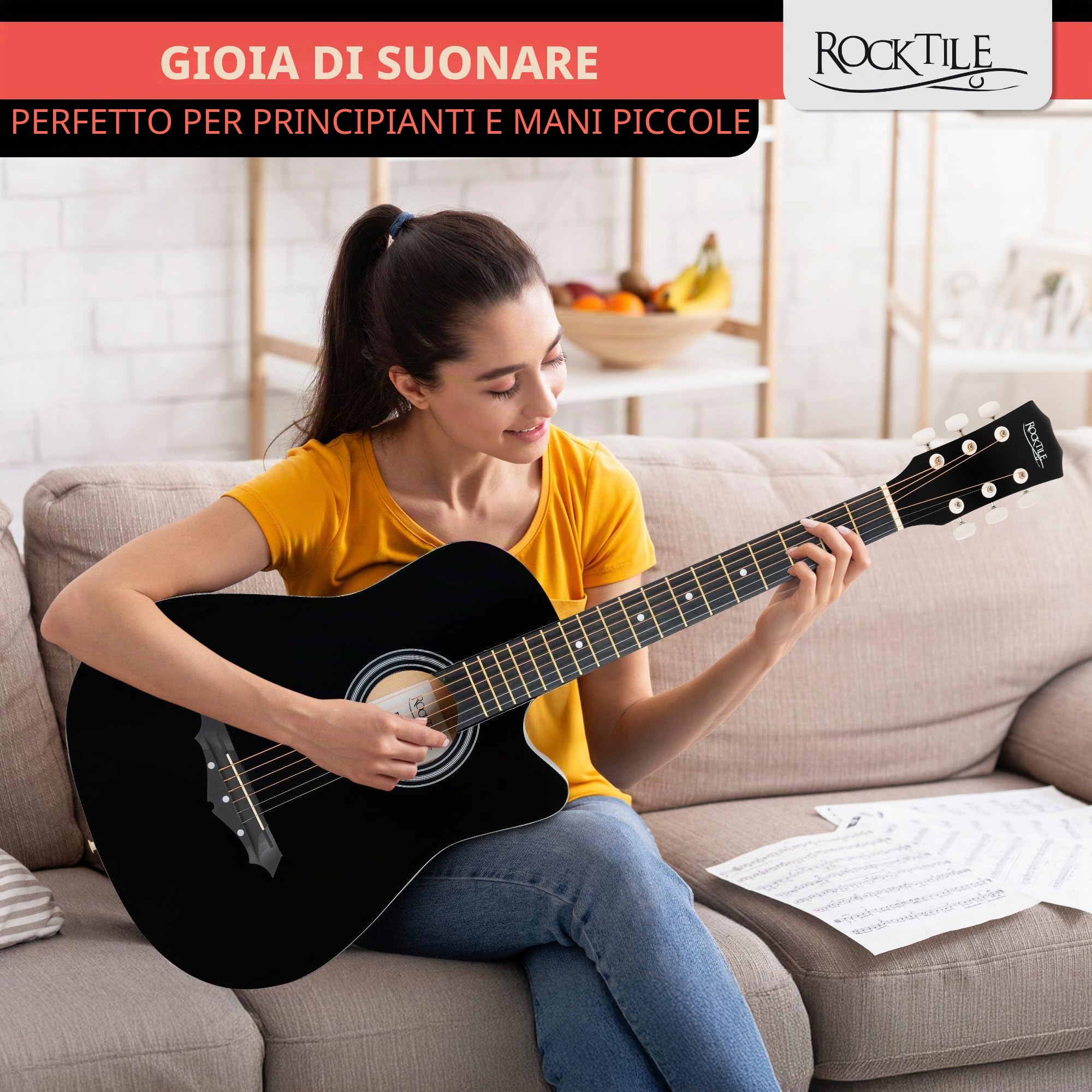 Rocktile WSD-5C-BK Slim Line Set Chitarra Western Nera, Generale, Peso: 1 | Modello: WSD-5C-BK, 4 kg, Lunghezza totale: 95 cm, Numero di corde: 6, Orientamento: Destrimano, Corpo, Top: Tiglio, Manico