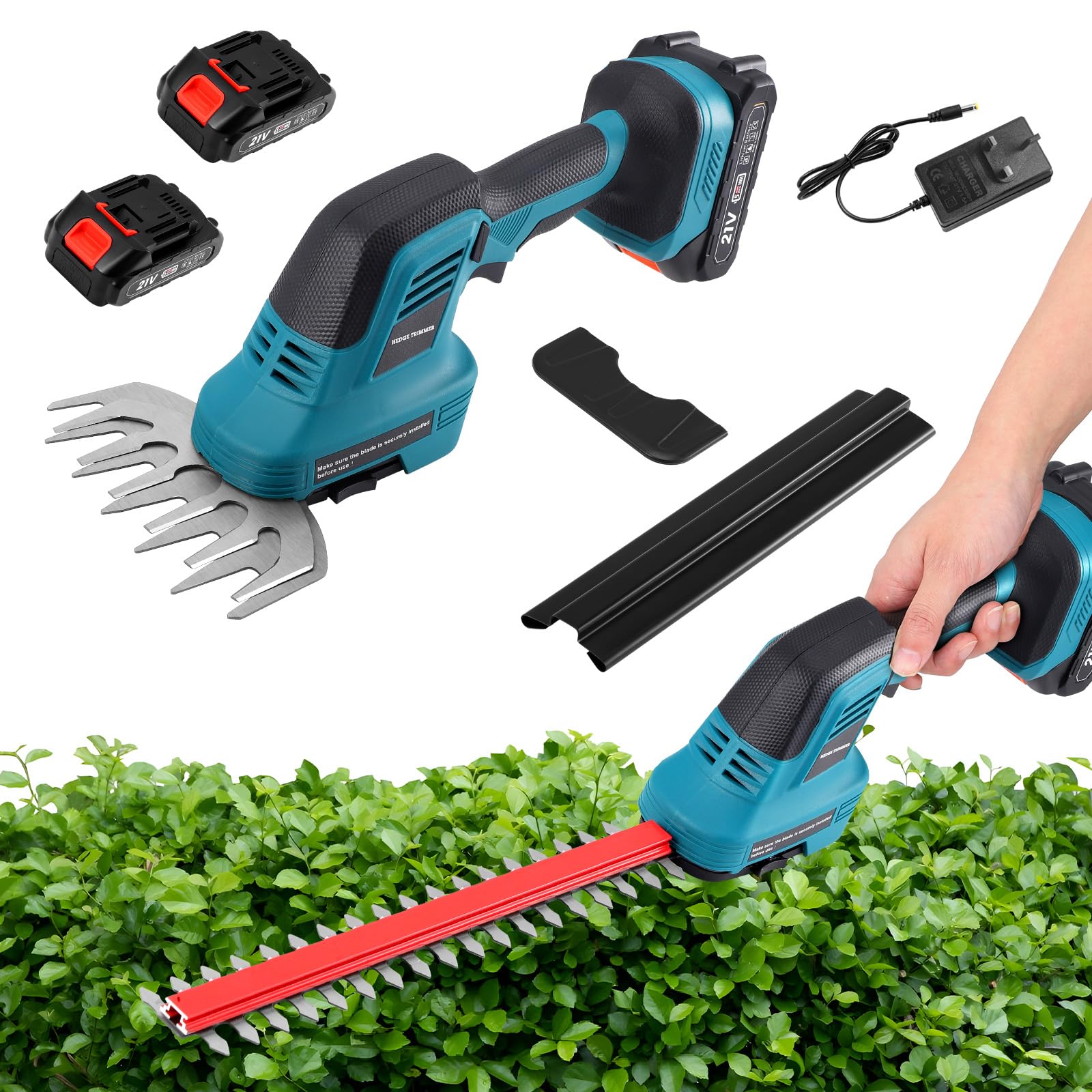 Cordless Hedge Trimmer, 2-in-1 21V Electric Hedge Trimmer & Grass Shear with 2x1500mAh Lithium-Ion Battery & Charger, 2 Blades, Lightweight Handheld Garden Cutter for Grass Shrub Lawn Branches Pruning