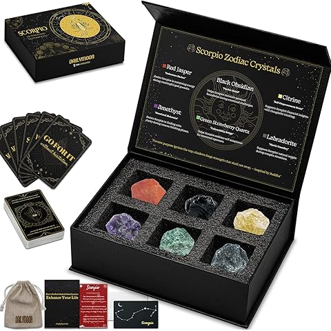DAILYMOON 12 Zodiac Signs Crystals Gift Set with 50 Oracle Cards & 6 Healing Crystals - Natural Healing Stones for Women & All Occasions, The Astrology Birthstone with Horoscope Box Set (Scorpio)