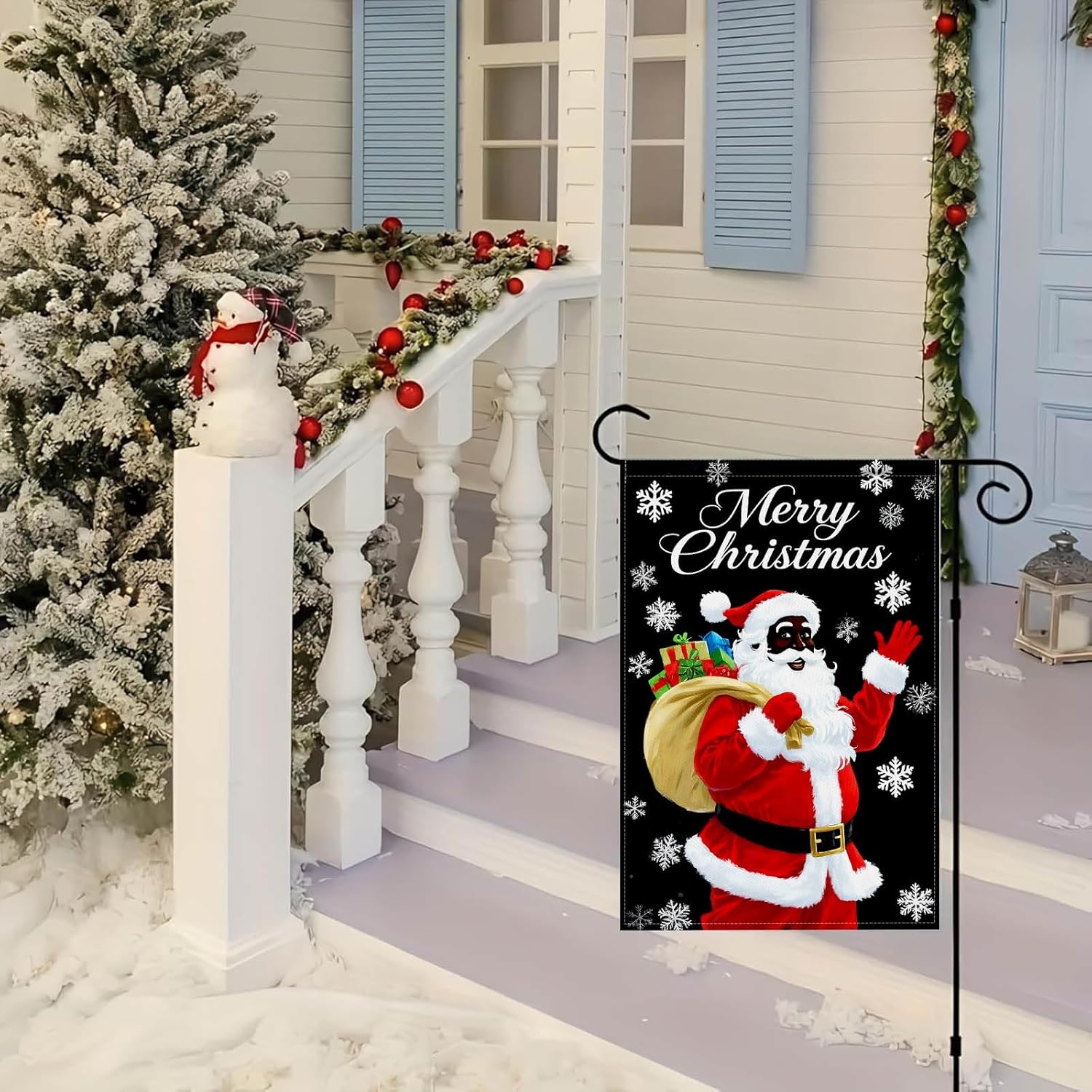 Merry Christmas African American Black Santa Garden Flag 12x18 Inch Double Sided Santa with Gift Bag Snowflake Flags Holiday Outdoor Winter Yard Banner Christmas Welcome Flag - Image 4