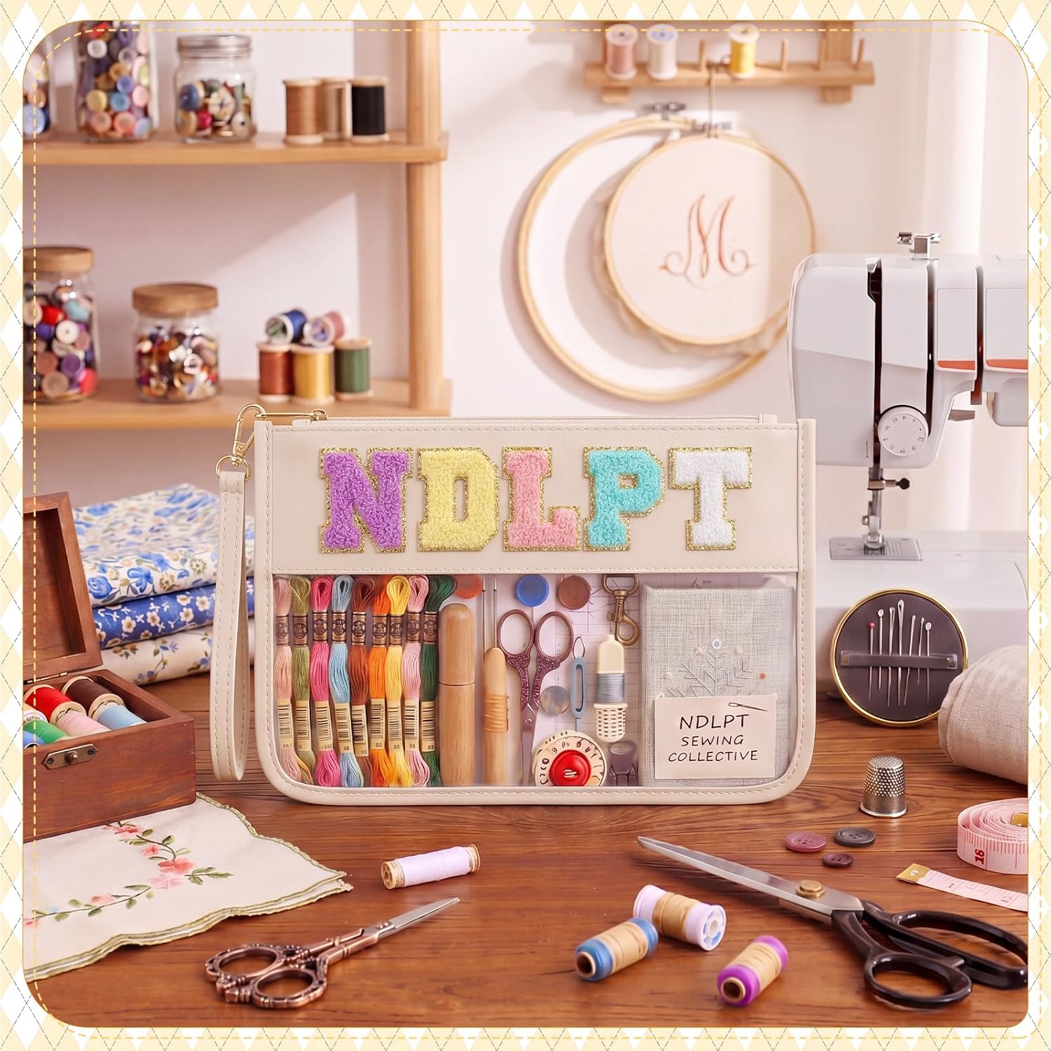 Klyyo Clyro Needlepoint Project Bag Clear Embroidery Sewing Bag Sewing Craft Organizer Storage Chenille Letter Zipper Pouch for Quilting Embroidery Knitting Stitching Cross Stitch Crochet(Cream)