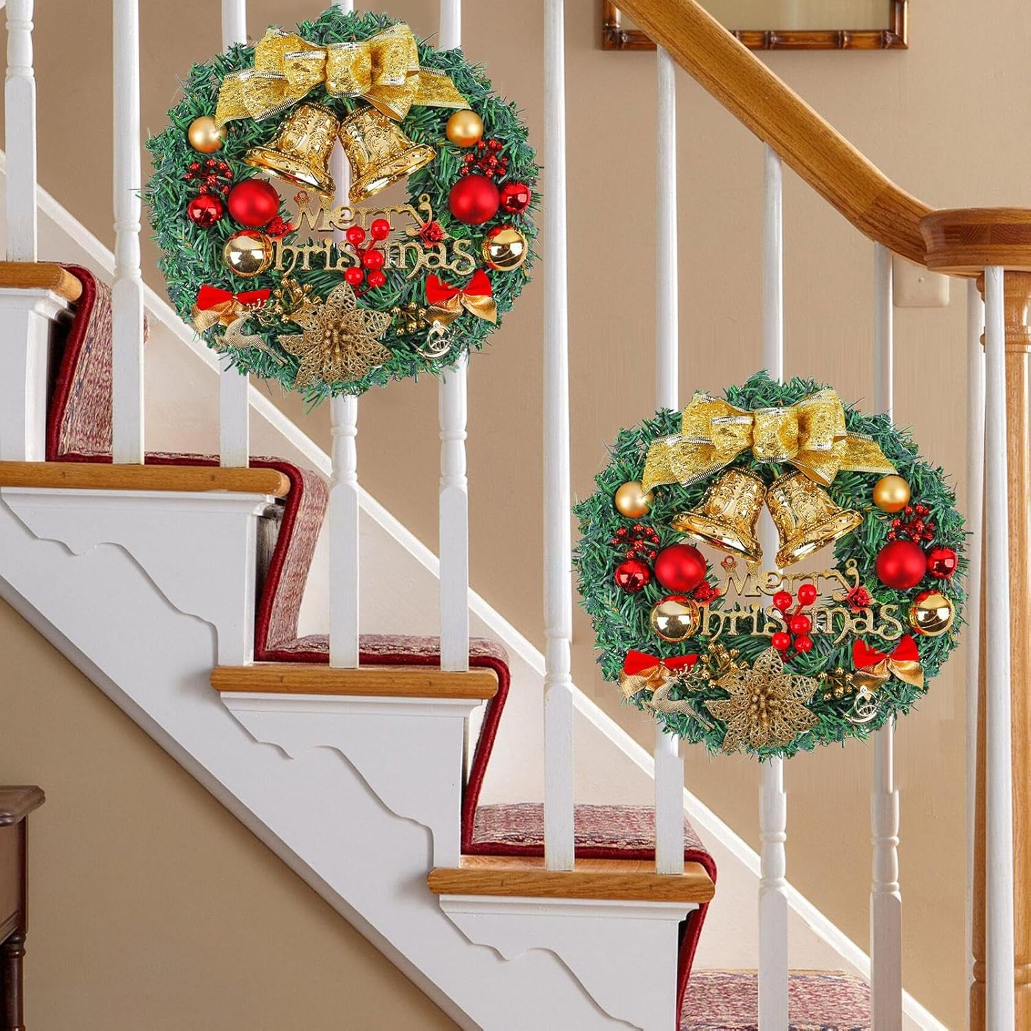 LATERN 30CM Ghirlanda di Natale, Ghirlanda di Pino di Natale Artificiale con Fiocco Campana Cervo Bacche Rosse Fiore per Natale Porta Parete Camino Finestra Albero di Natale Decorazione