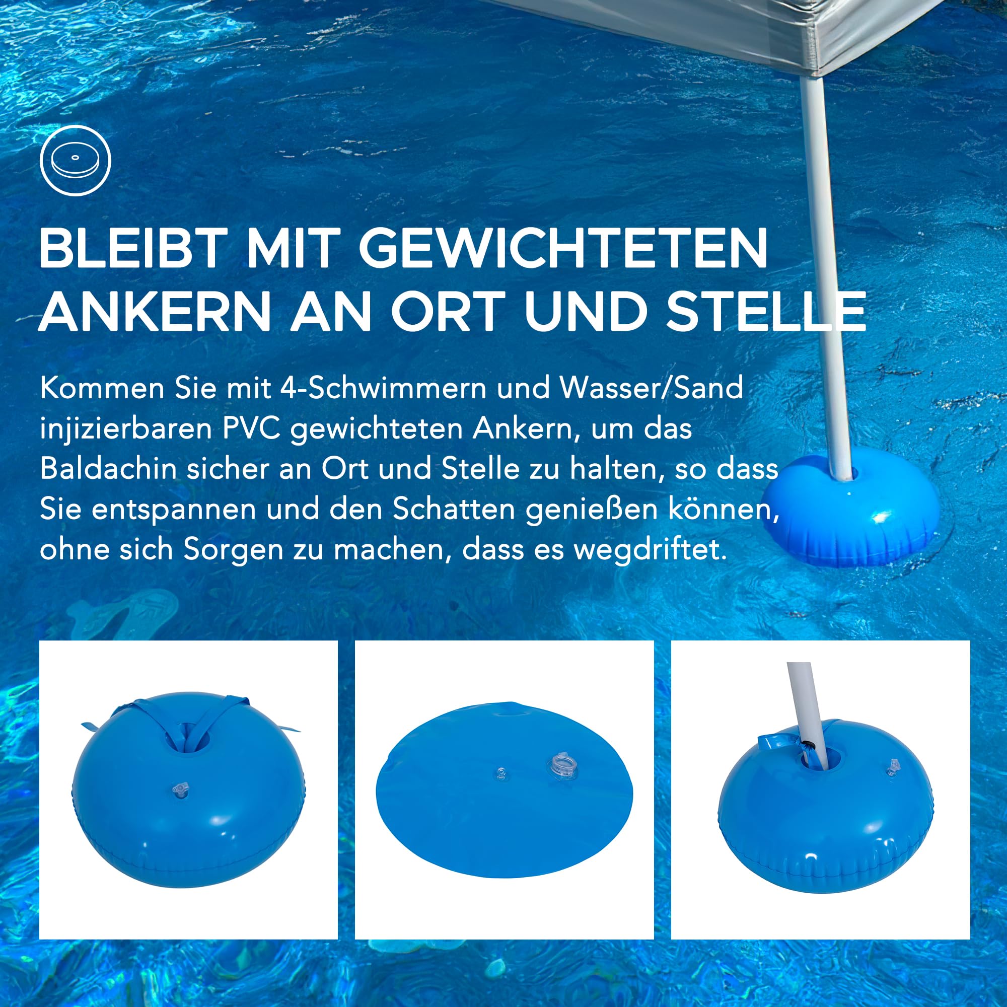 SUNJOY 3 x 3 m Pop Up Pool Pavillon mit UPF 50+ Sonnendach, Stahlrahmen, höhenverstellbar, schwimmender Outdoor Pavillon mit PVC Schwimmkörpern, Handpumpe und Tragetasche