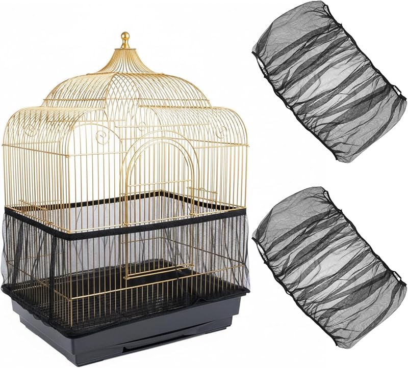 2 Pcs Bird Cage Seed Catcher, Elasticity Bird Cage Cover Seed Catcher Guard Birdscage Net Skirt Netting for Parrot Parakeet, Black