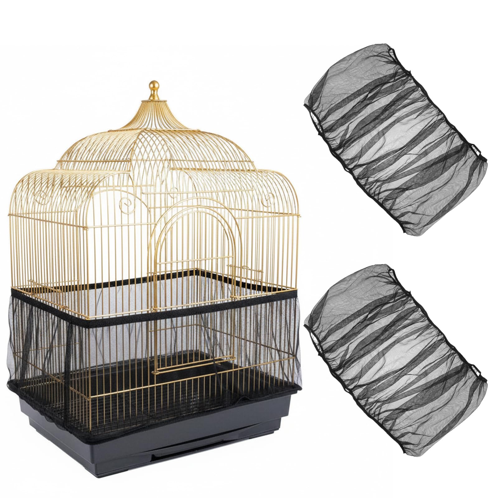 2 Pcs Bird Cage Netting Seed Catcher, Bird Cage Seed Catcher Adjustable Birdcage Cover Breathable Nylon Dust-Proof Birdcage Accessories for Parrot Parakeet (Black)
