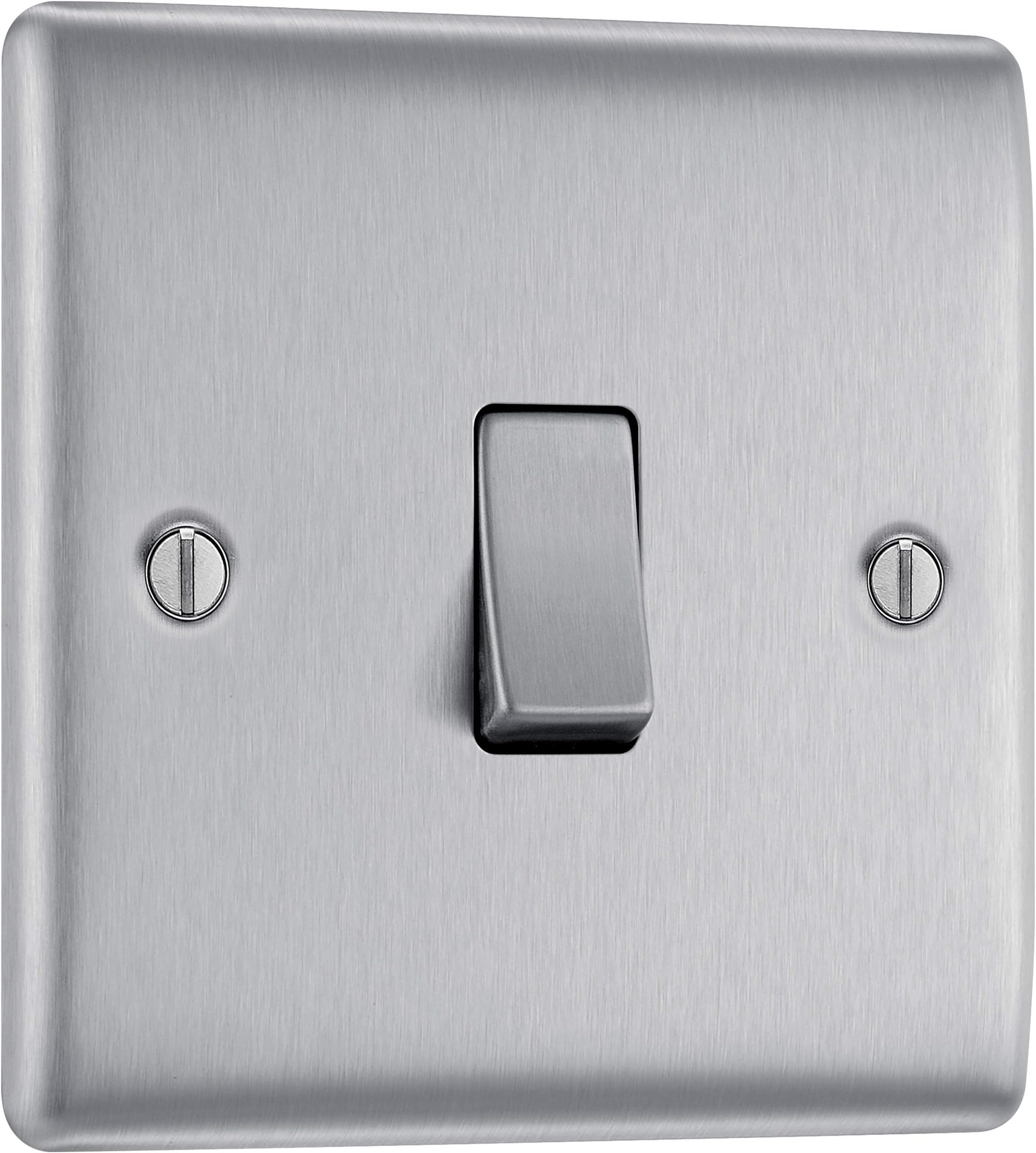 BG Electrical Single Wall Light Switch, 2 Way, Raised and Slim Profile, Round Edges, Nexus Metal, Brushed Steel, 20A, 16AX, NBS12