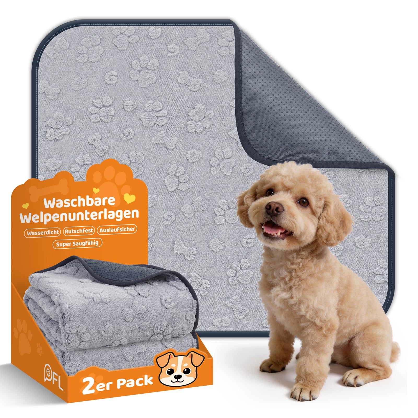 92x80cm Waschbare Welpen Unterlagen 2er-Pack, 4-lagige Saugstarke Auslaufsichere Hunde PIPI Unterlagen für Hundebox und Welpenauslauf, rutschfeste Trainingspads für Hunde und Kleintiere