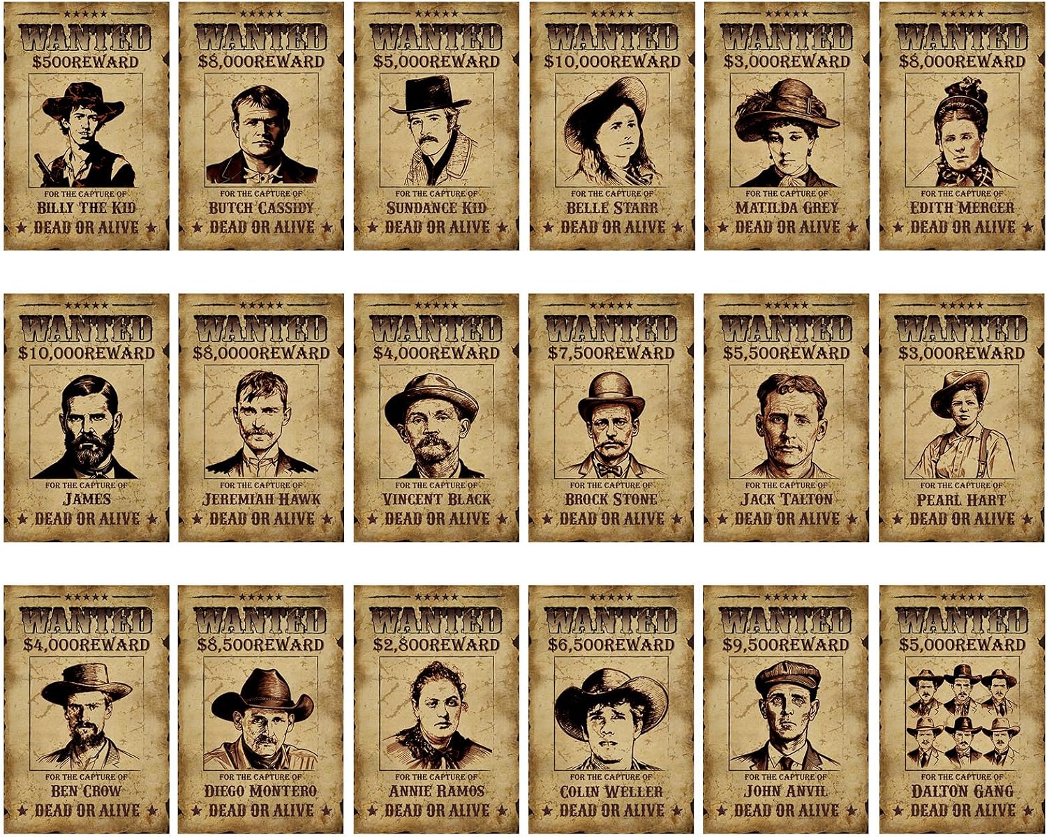 18 Pcs Western Wanted Posters Western Party Decorations 8 X 12 Inch Vintage West Wanted Sign Cutouts Cowboy Cowgirl Reward Posters for Barn Dance Birthday Banquet Historical Reenactment Party Supplies