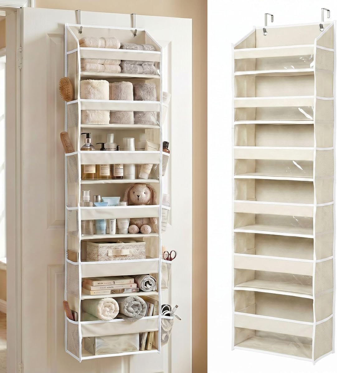 Over the Door Organizer, 6-Tier, 100D Fabric, Ivory 1pc | Over the door shoe organizer, 50 lbs capacity, 12 side mesh pockets, 100D extra thick fabric, Closet & entryway storage