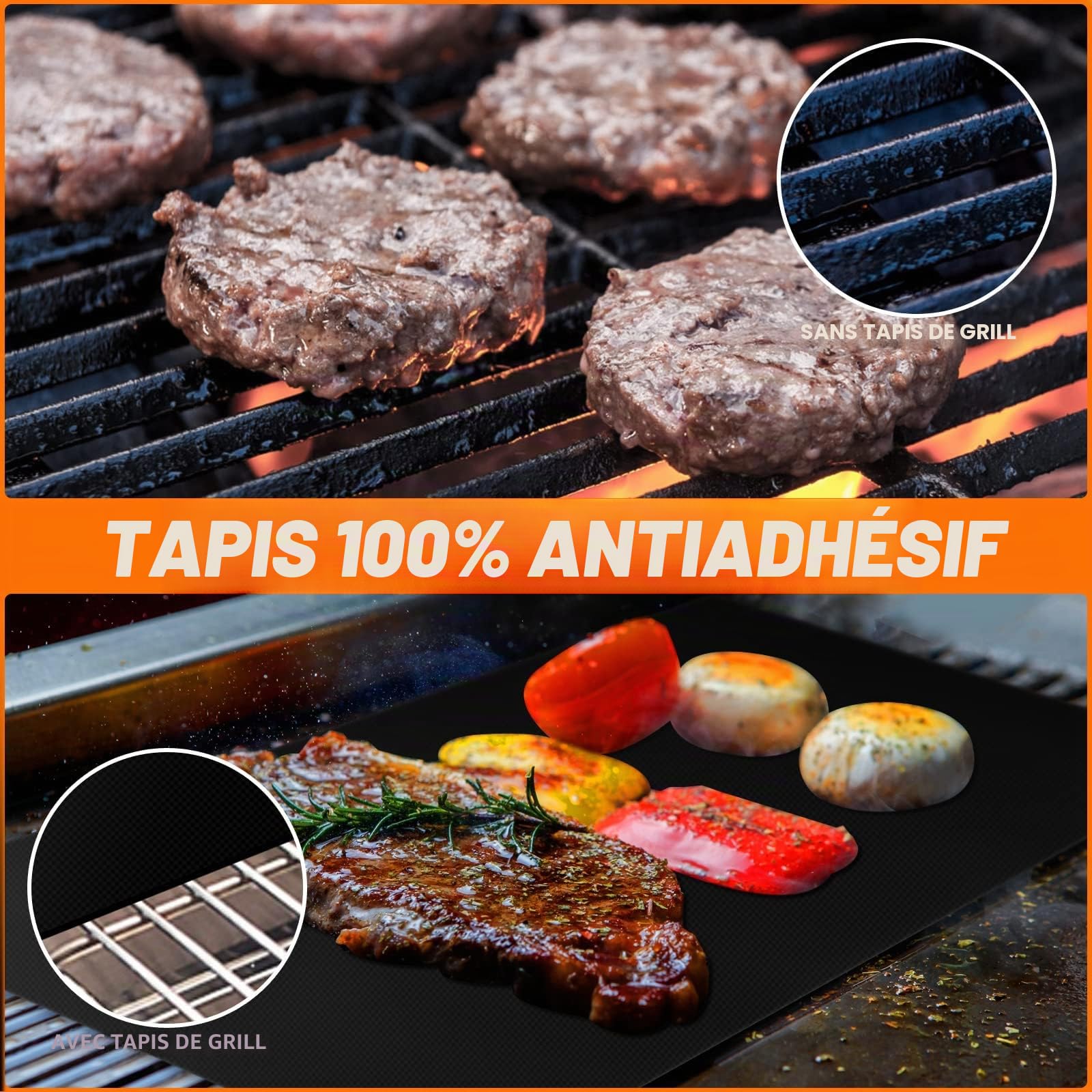 Tapis de Cuisson Barbecue 50x40 cm Set de 5 Grille BBQ Mats Anti-Adhérent Réutilisable