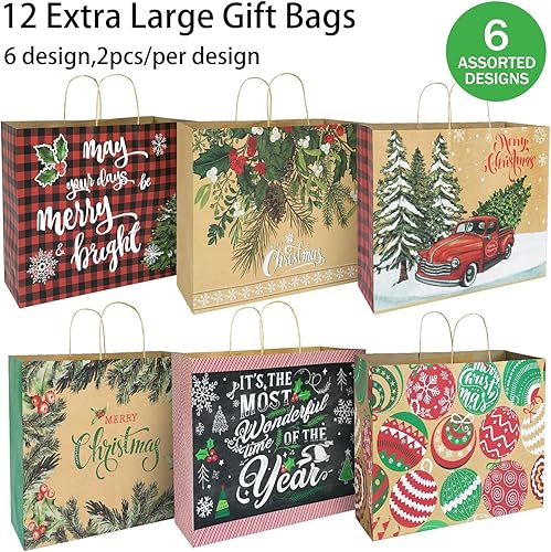 Miniatura 10 de 12 bolsas de papel de regalo de Navidad extra grandes a granel con asas y 60 etiquetas de regalo de Navidad, 6 diseños, juego de sacos de gran