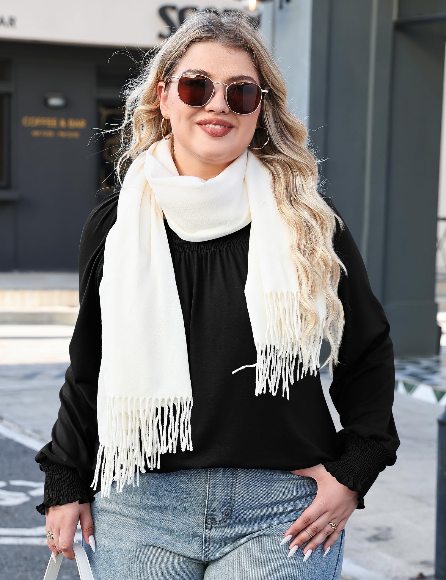 Micoson Blusas plisadas de manga larga con cuello redondo para mujer, tallas grandes, elegantes, informales, a la moda (1X-5X)