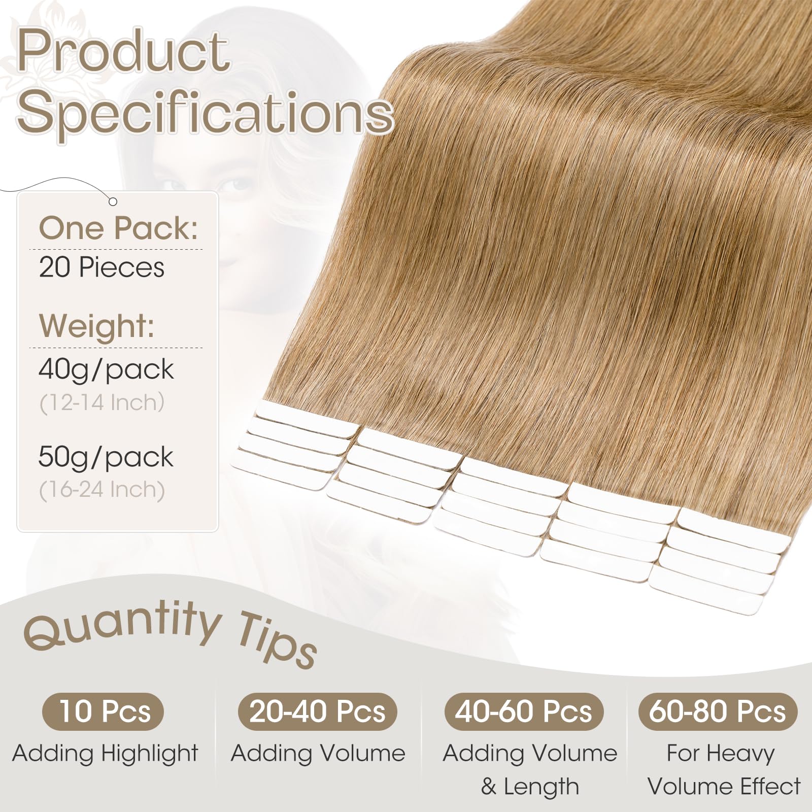 Elailite Tape in Hair Extensions Human Hair 20 Pcs, Seamless Skin Weft Real Remy Hair Extension Straight (#27 Dark Blonde - Image 4