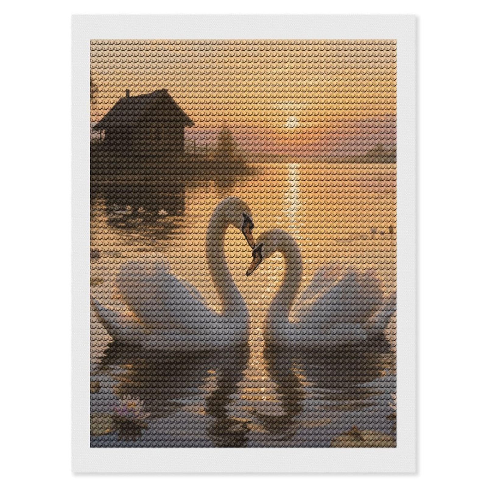 FodPand Sunset Couple Swans Lake 5D Diamond Painting Kits for Adults Beginners Full Drill Round Diamond Dots Pictures Gem Art Supplies for Home Wall Room Decoration DIY Craft Set Gift 12x16