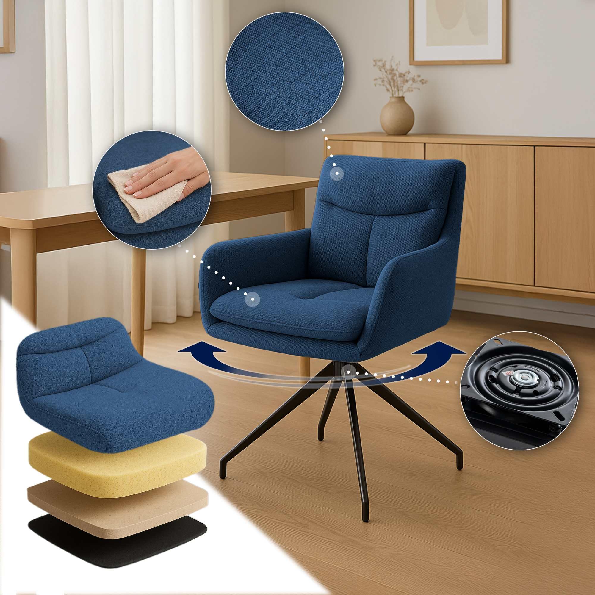 CLP Silla de Comedor giratoria Somers Tela, sillón Giratorio 180° con reposabrazos y Respaldo, Silla de Cocina tapizada Color:Azul