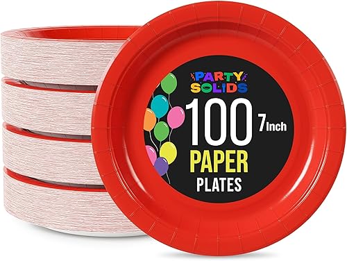 Exquisite Party Solids - Platos desechables de papel rojo de 7 pulgadas, platos desechables rojos para fiestas, 100 unidades, 350 GSM, suministros