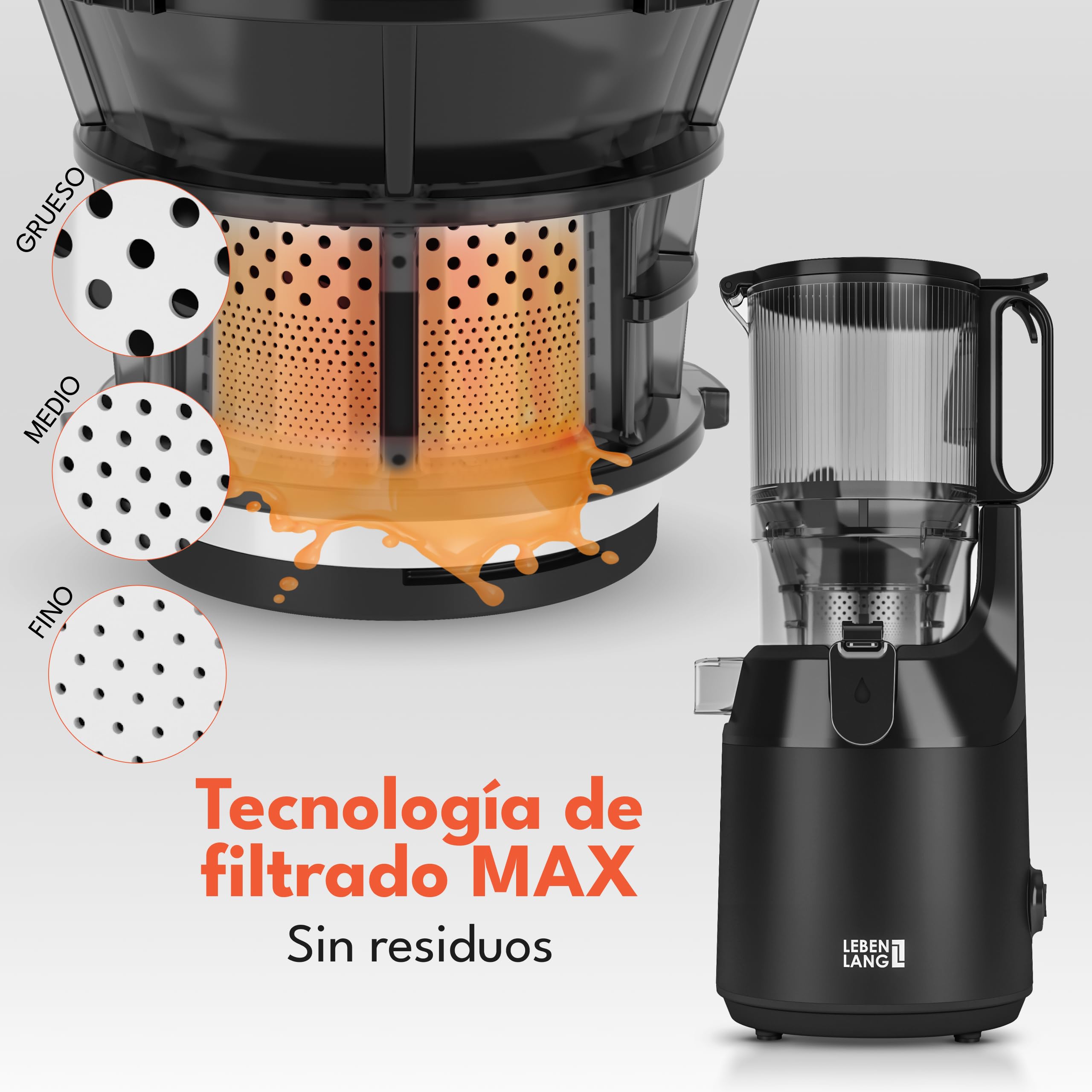 LEBENLANG Extractor de zumos y verduras - Incl. libro de recetas & gran abertura 130 mm I Perfecto para frutas enteras 100% libre de BPA I Licuadoras para batidos Slow Juicer machine prensado en frio